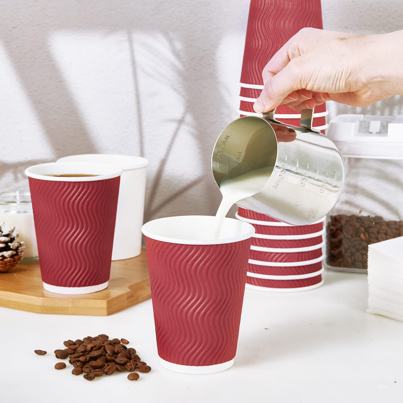 Jollypack 60 Pack Paper Cups, Disposable Coffee Cups 12 Oz, Red Hot Beverage Cups With Insulated Ripple Wall, Paper Ripple Cups