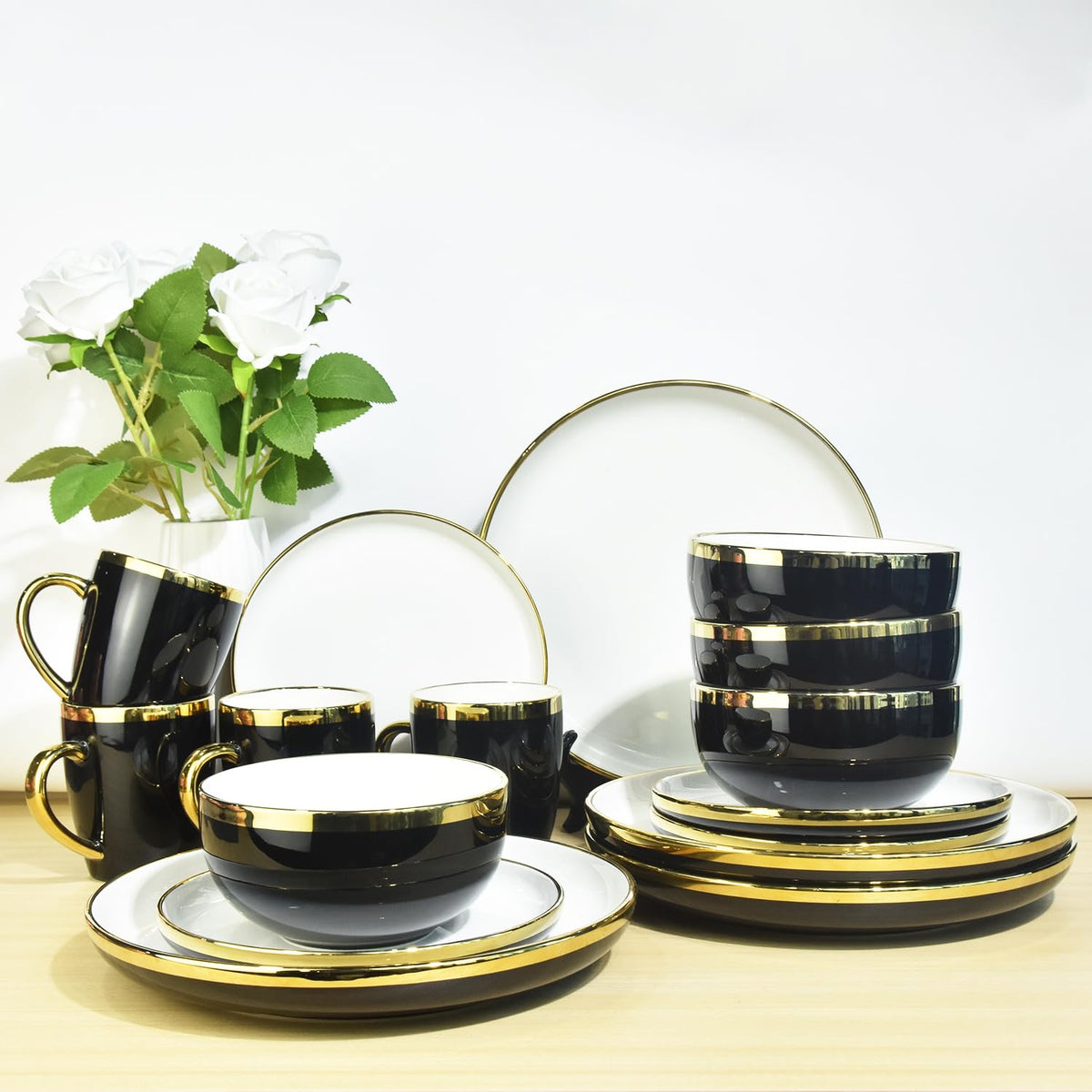 Ceramic Dinnerware Sets for 4, 16-Piece Contrast Plates and Bowls Set with Gold Rim, Heat Resistant | Dishwasher & Microwave Saf