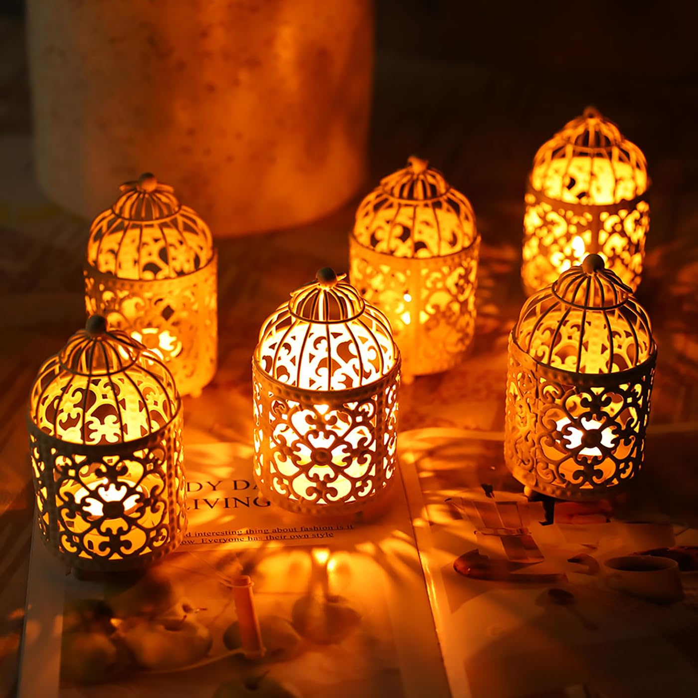 JHY DESIGN 6 Pcs Wedding Centerpieces 5.5 inch Height Small Metal Candle Stick Holder Hanging Birdcage Tealight Lantern Hollow C