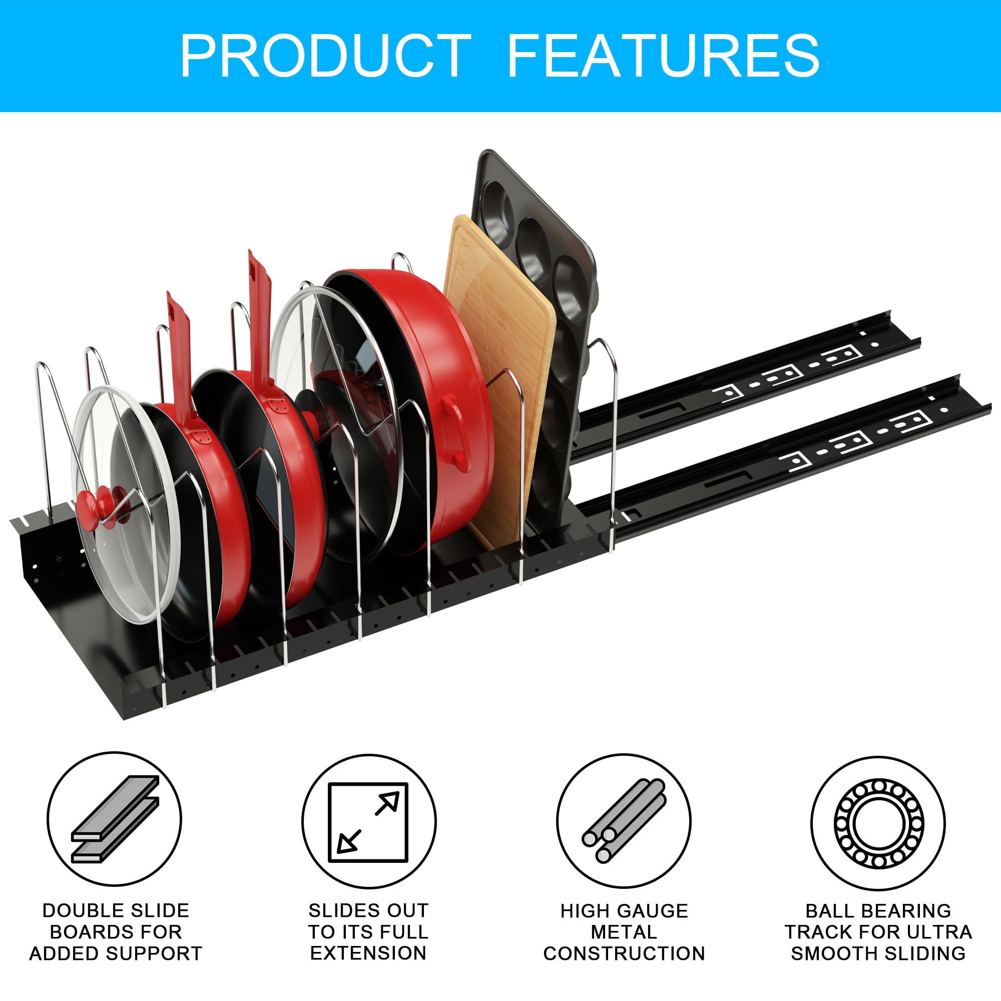 Pull Out Pots And Pans Organizer For Cabinet - Sliding Lid Holder And Pan Rack In Kitchen, Cabinet Pull Out Shelves, Slide Out C