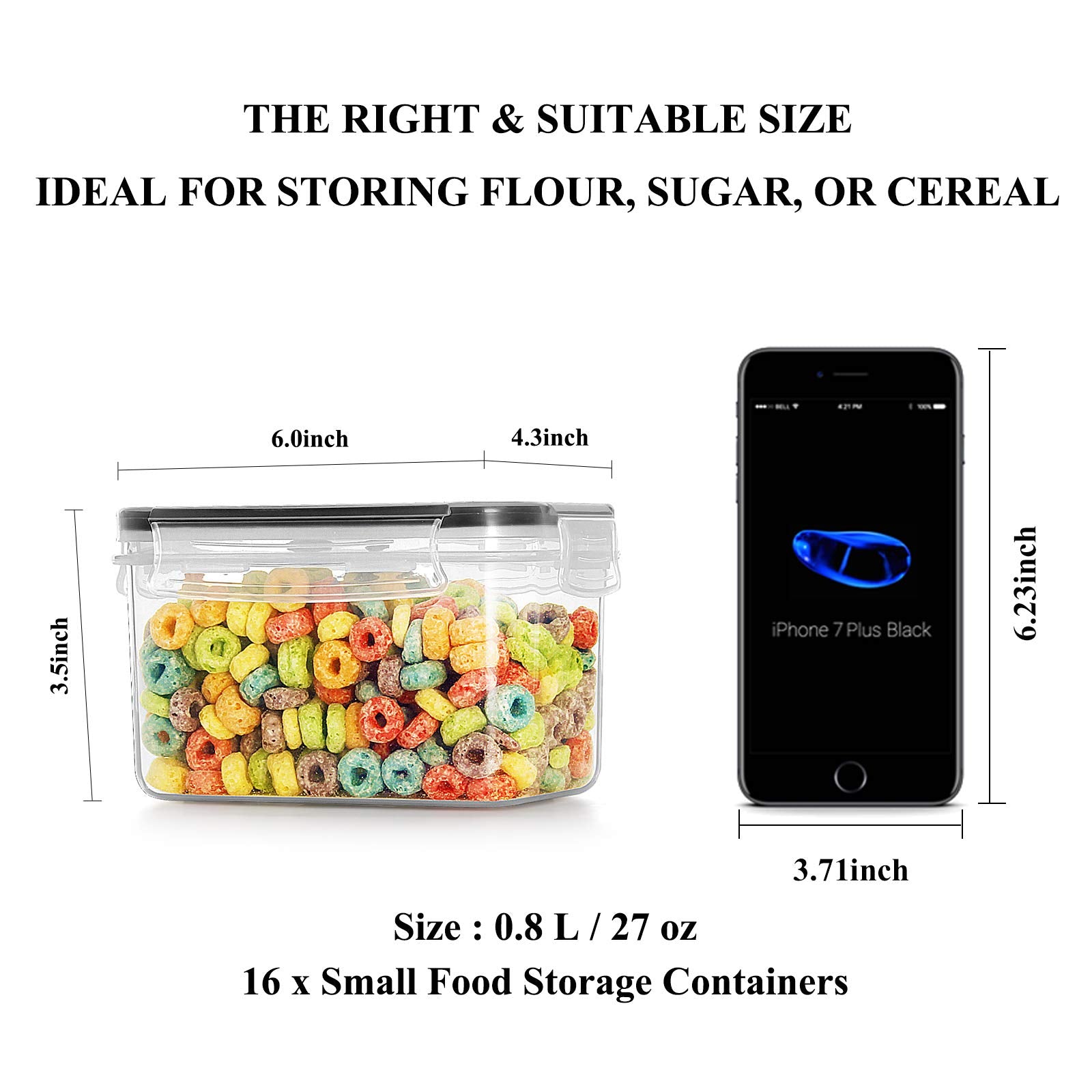 Wildone Cereal & Dry Food Storage Container Set Of 16 [0.8L /3.38 Cups] For Sugar, Flour And Baking Supplies, Airtight Leak-Proo