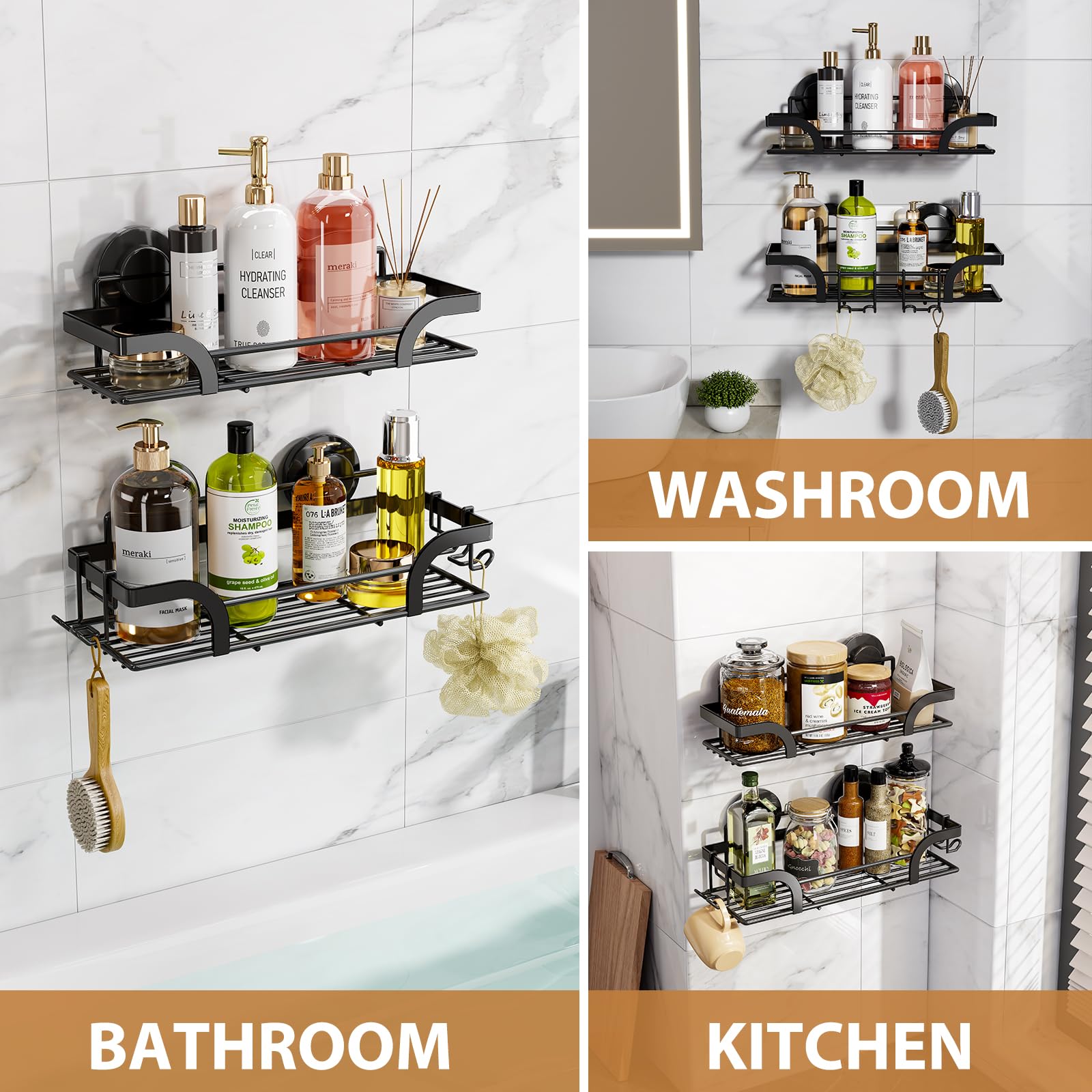 Leverloc Shower Caddy Suction Cup, 2 Pack Shower Shelves For Inside Shower, Silver Metal Shower Stroage No-Drilling Bathroom Sho