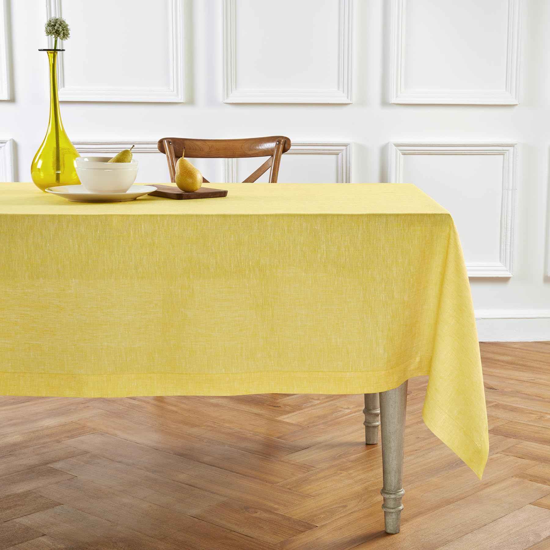 Solino Home Linen Tablecloth 108'' L X 60'' W Inch - 100% Pure Linen Chambray Lemon Yellow Table Cloth For Rectangle Tables - At