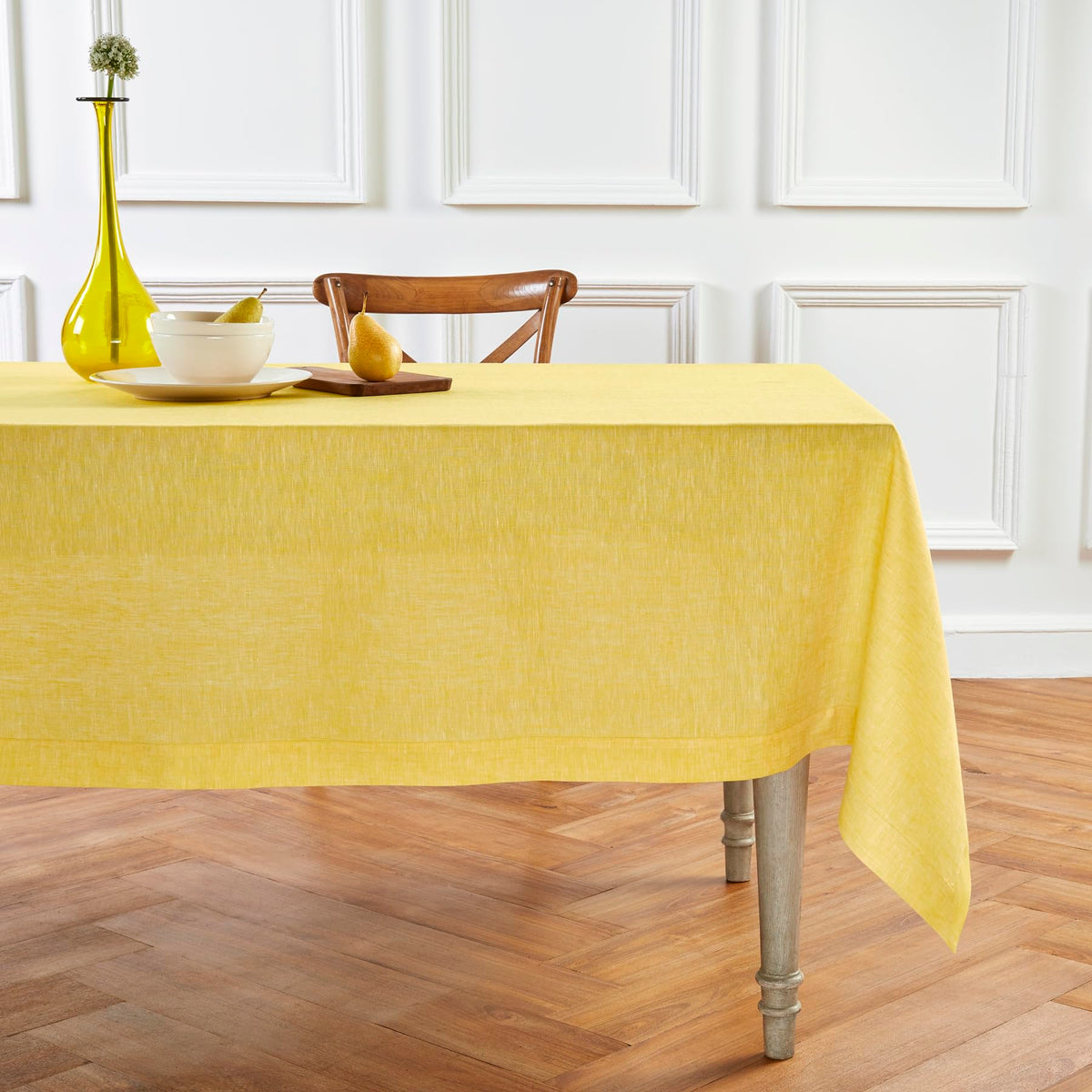 Solino Home Linen Tablecloth 108'' L X 60'' W Inch - 100% Pure Linen Chambray Lemon Yellow Table Cloth For Rectangle Tables - At