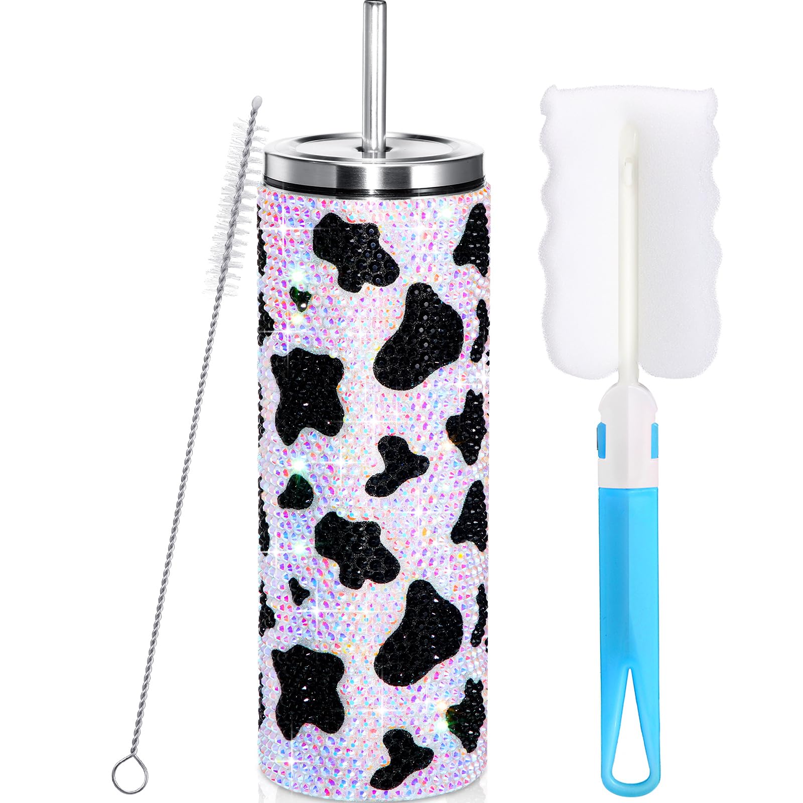 Gejoy Cow Print Water Bottle 20 oz Bling Rhinestone Tumbler Cup for Women Cowgirl with Lid Straw Stainless Steel Vacuum Insulate