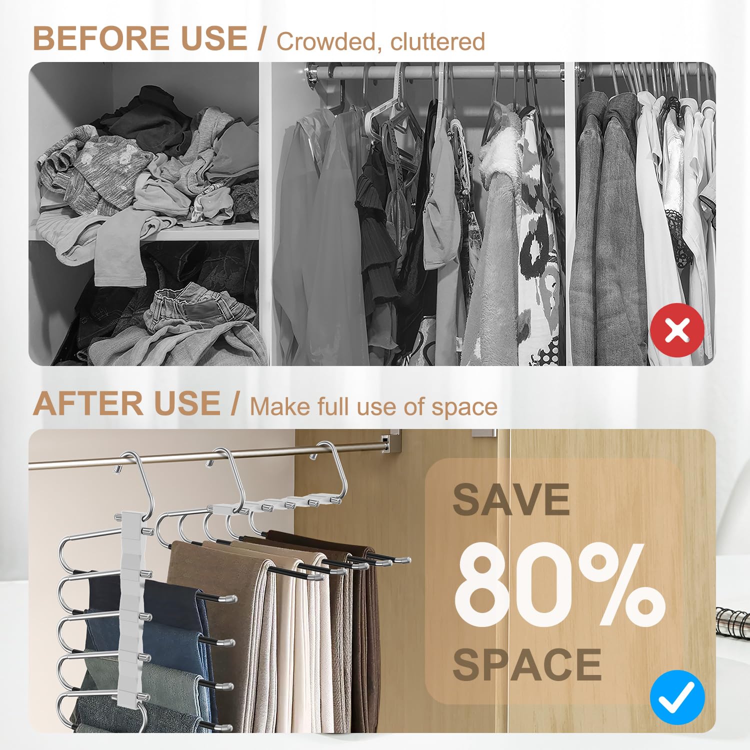 Loretoy 4 Pack Pants Hangers Space Saving, Anti-Slip Multi-Functional Pants Rack, Thickened Stainless Steel Tube, Two Hanging Mo