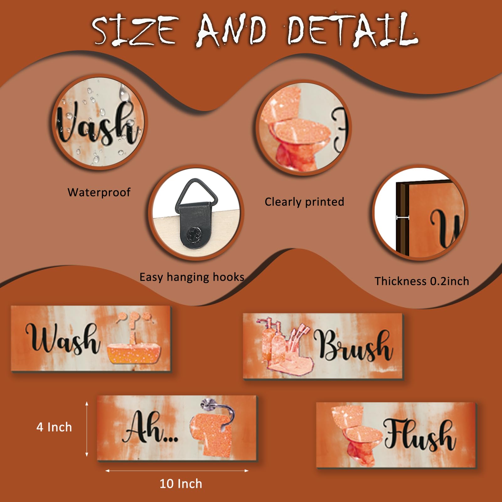 FENCORDAR 4 Pcs Orange Bathroom Decor Abstract Orange Black Bathroom Decor Wooden Modern Funny Glitter for Home Toilet(10x4 Inch