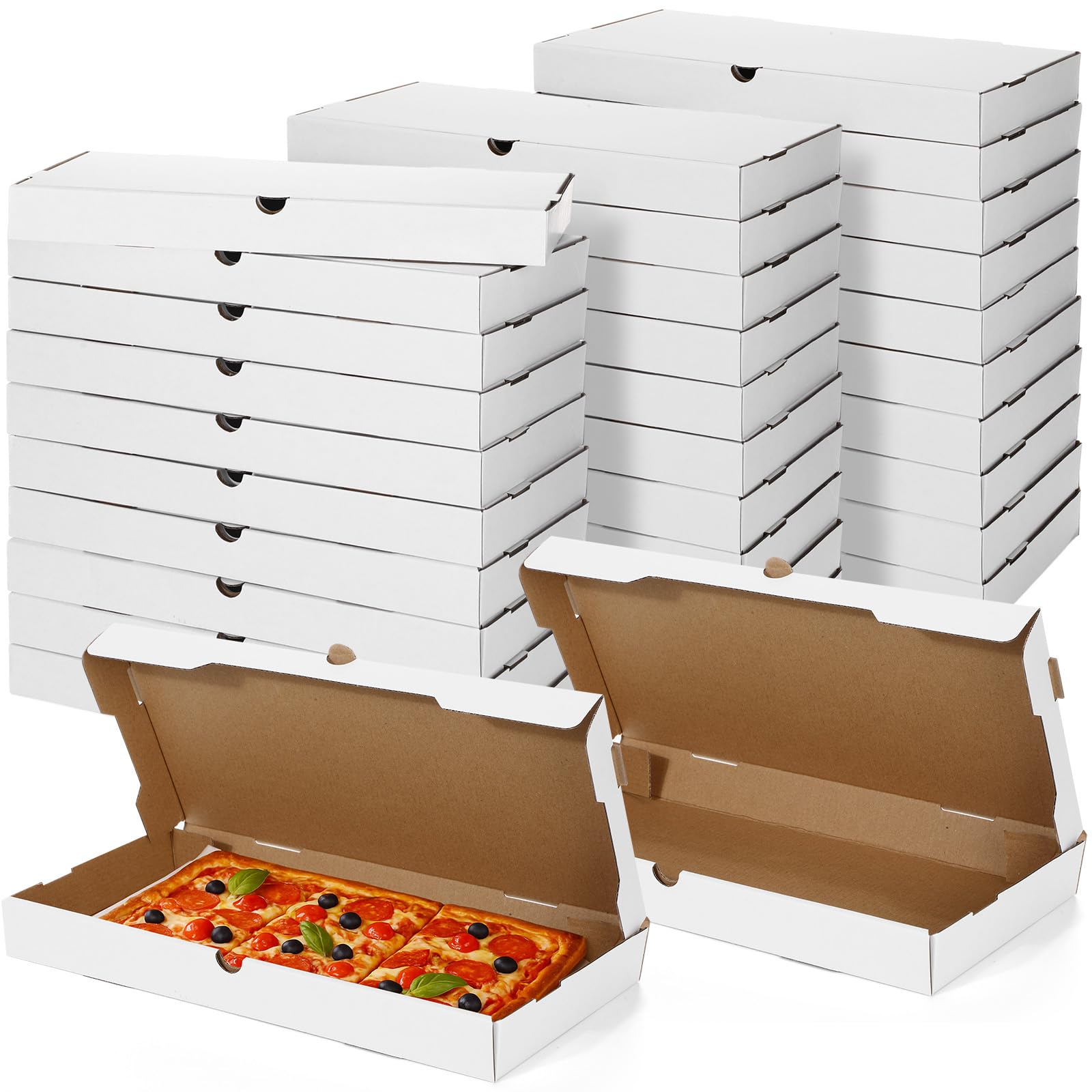 AmazingSpark 100 Pcs Pizza Boxes 14 x 7 x 1.5 Inch White Flatbread Box Sturdy Corrugated Rectangular Takeout Baking Container fo