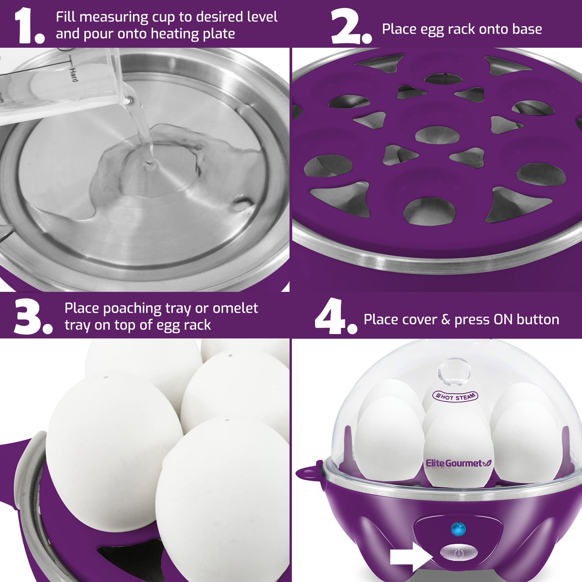 Elite Gourmet Easy Electric 7 Egg Capacity Cooker  Poacher  Omelet Maker  Scrambled  Soft  Medium  Hard Boiled with Auto Shut-Off and Buzzer  BPA Free