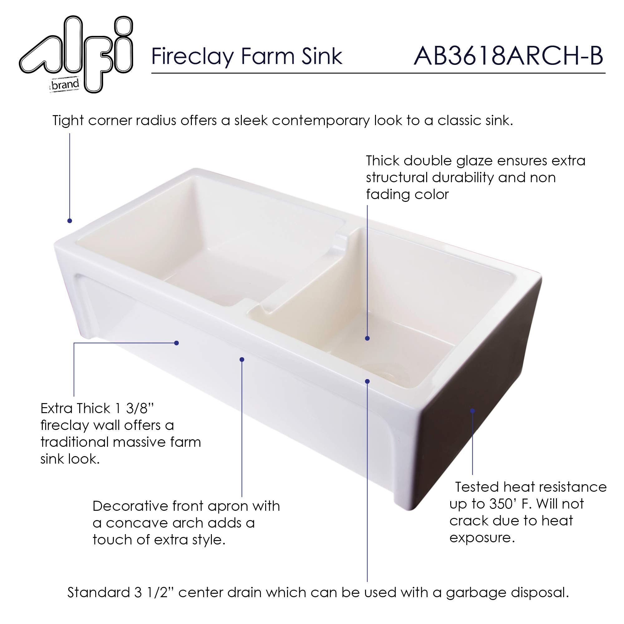 Alfi Brand Ab3618Arch-B Arched Apron Thick Wall Fireclay Double Bowl Farm Sink, 36'', Biscuit