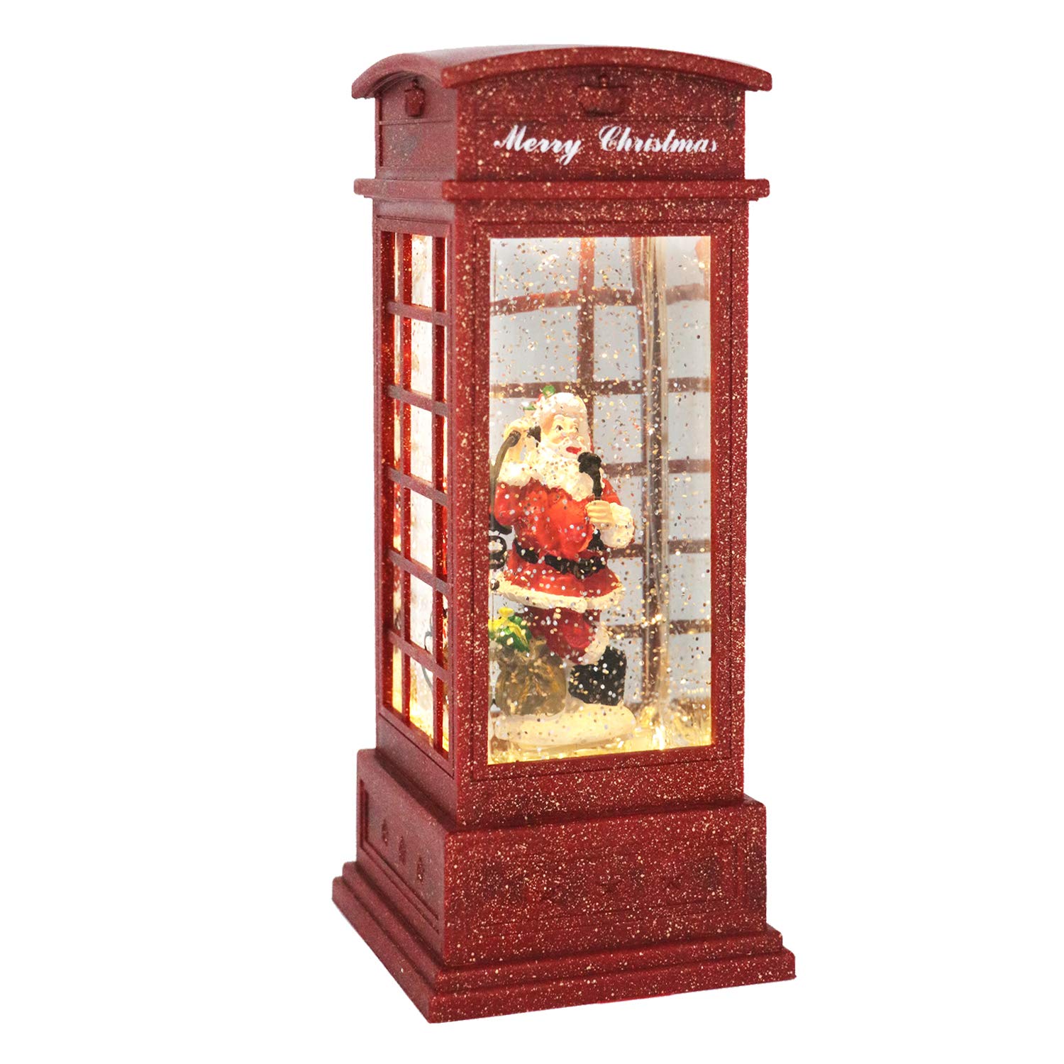 Eldnacele Christmas Snow Globe Lantern Phone Booth, Swirling Water Glittering Battery Operated Festicval Ornament with Timer for