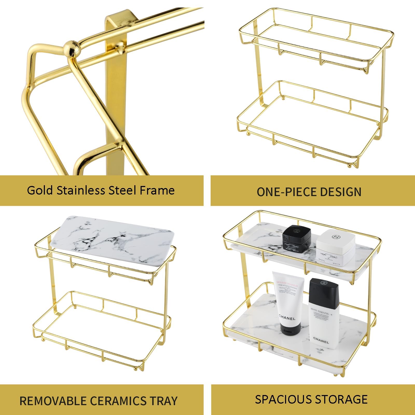 Dobbyby Bathroom Organizer Countertop Perfume Organizer Makeup Organizer Cosmetics Storage Display Rack 2 Tier Vanity Tray Dresser Stainless Steel Gold Shelf White Marble Print Ceramic Tray L