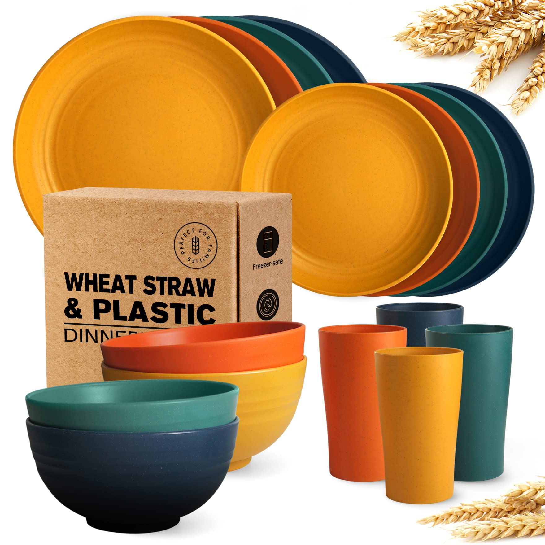 Teivio 16-Piece Kitchen Wheat Straw Dinnerware Set, Dinner Plates, Dessert Plate, Cereal Bowls, Cups, Unbreakable Plastic Outdoo