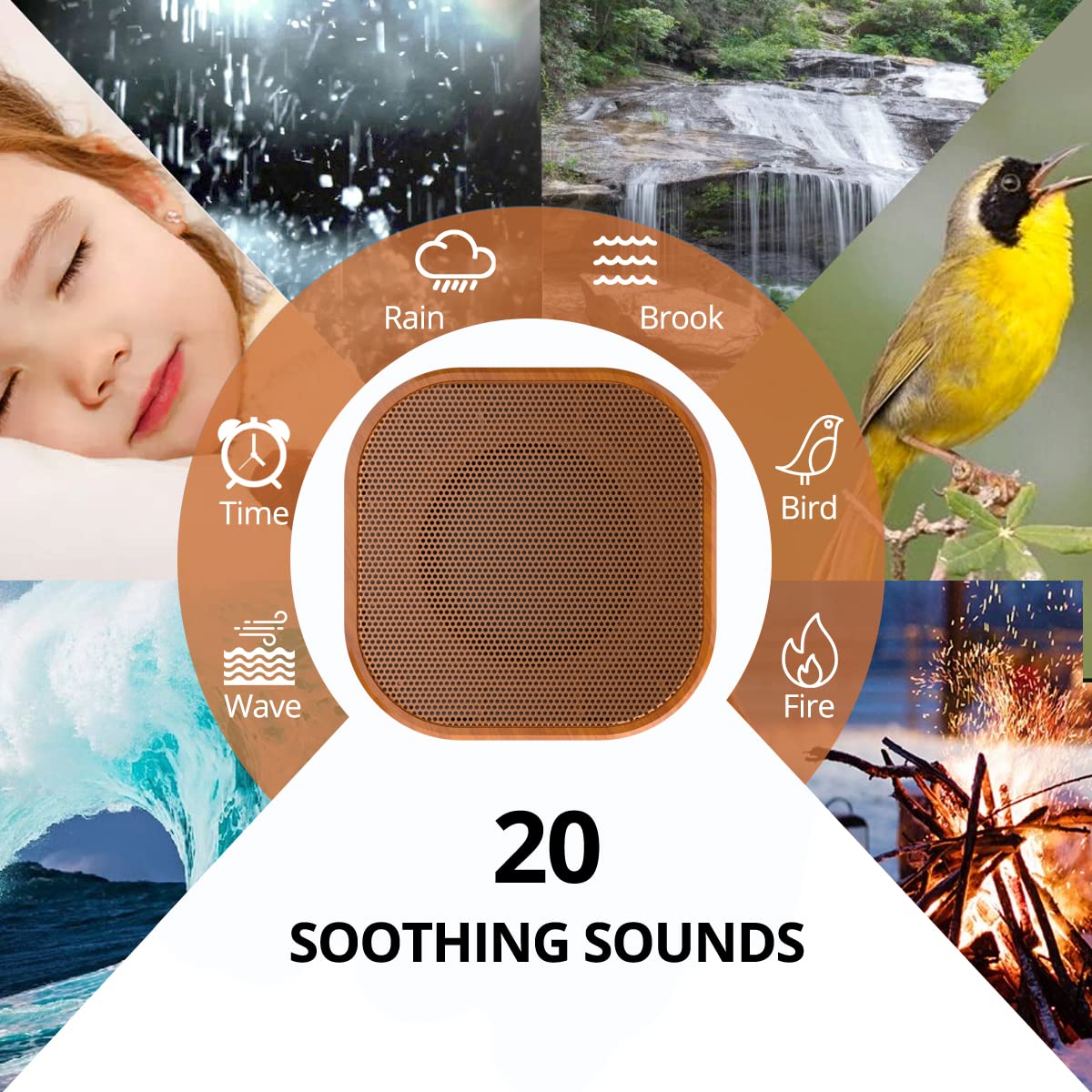 Magicteam White Noise Machine - 20 Soothing Sounds, 32 Volume Levels, AC/USB Powered, Timer, Black/Wood Finish