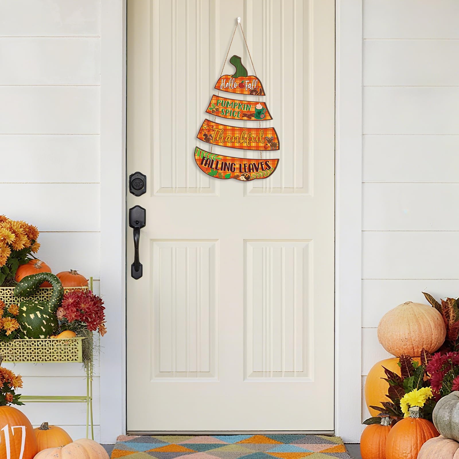 Ausril Hello Fall Door Decor,Pumpkin Fall Sign,Rustic Autumn Wall Plaque,Fall Leaves Door Hanger,Thankful Thanksgiving Wooden Do