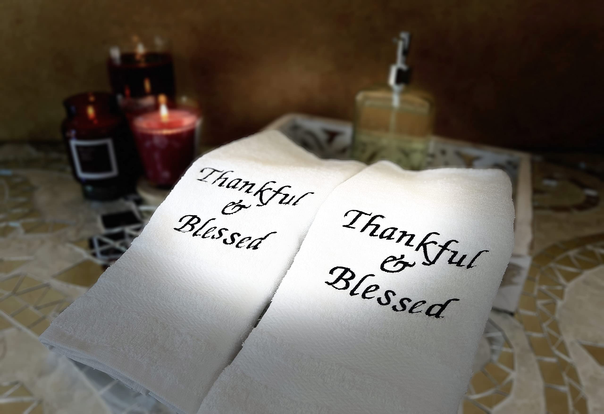 Liberty21 Embroidered Hand Towels With Inspirational Message: Thankful & Blessed (1 Set Of 2 Hand Towels) For Bathroom, Kitchen