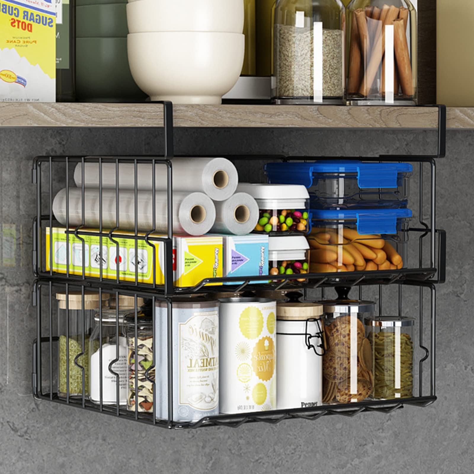 Hanging Under Shelf Storage Basket, 4 Pack Foldable Under Cabinet Metal Desk Storage Wire Rack Organizer For Kitchen Pantry Book