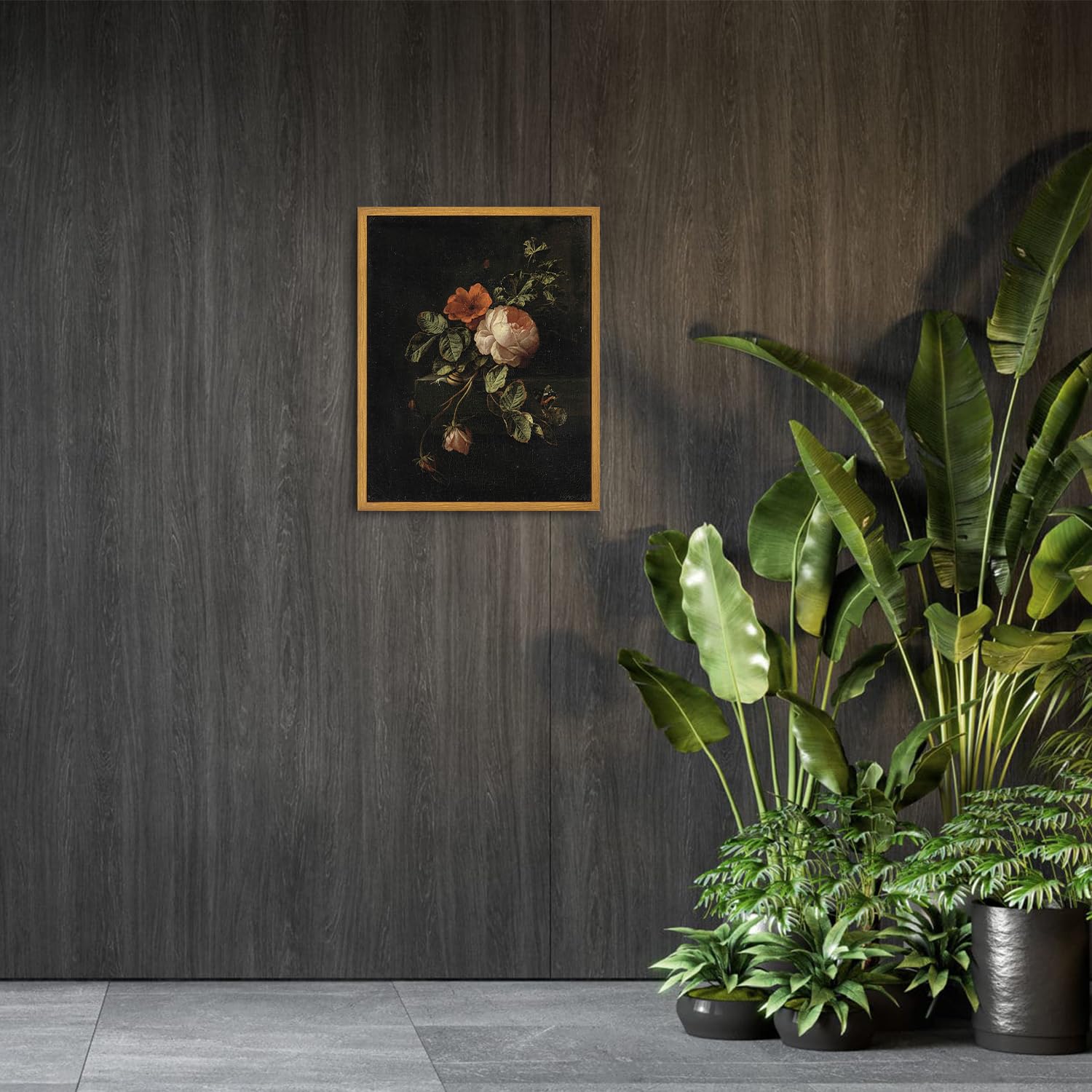 Roslynity Framed Canvas Wall Art Vintage Print Oil Paintings Moody Dark Flower Botanical Floral Still Life With Roses Retro Aest
