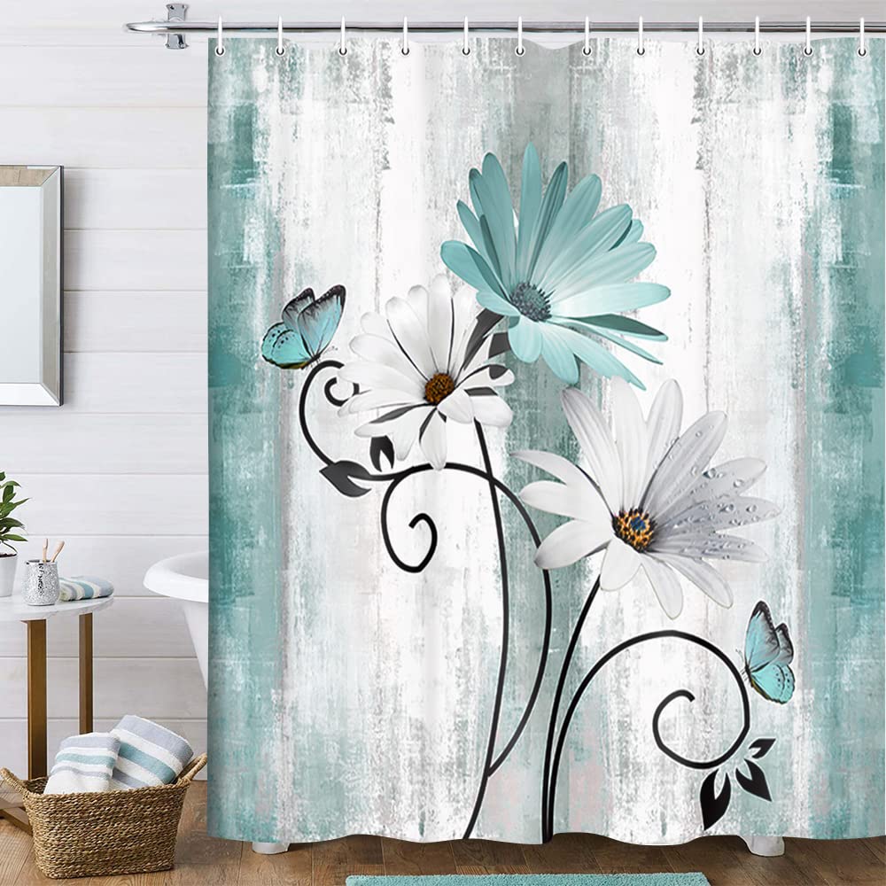 Veivian Rustic Farmhouse Shower Curtain, Farm Teal Daisy Floral Flowers And Butterfly On Country Wooden Shower Curtain For Bathr