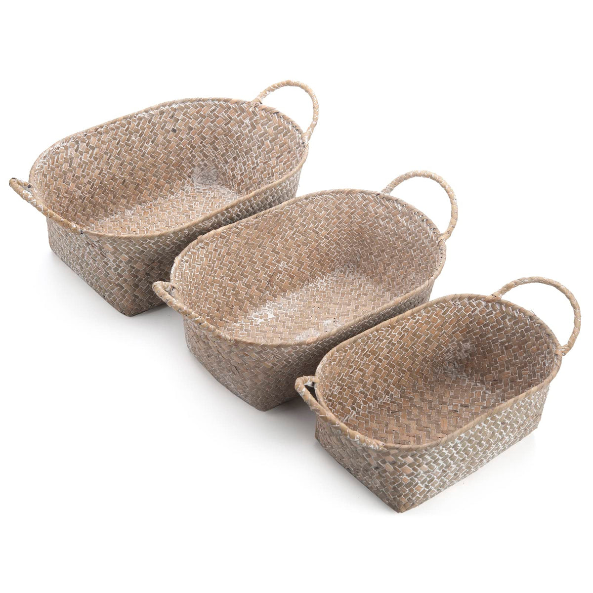 Whitewash Seagrass Woven Baskets For Storage Natural Shelf Basket With Handle For Organizer Stackable Oval Set Of 3 (Large+Mediu