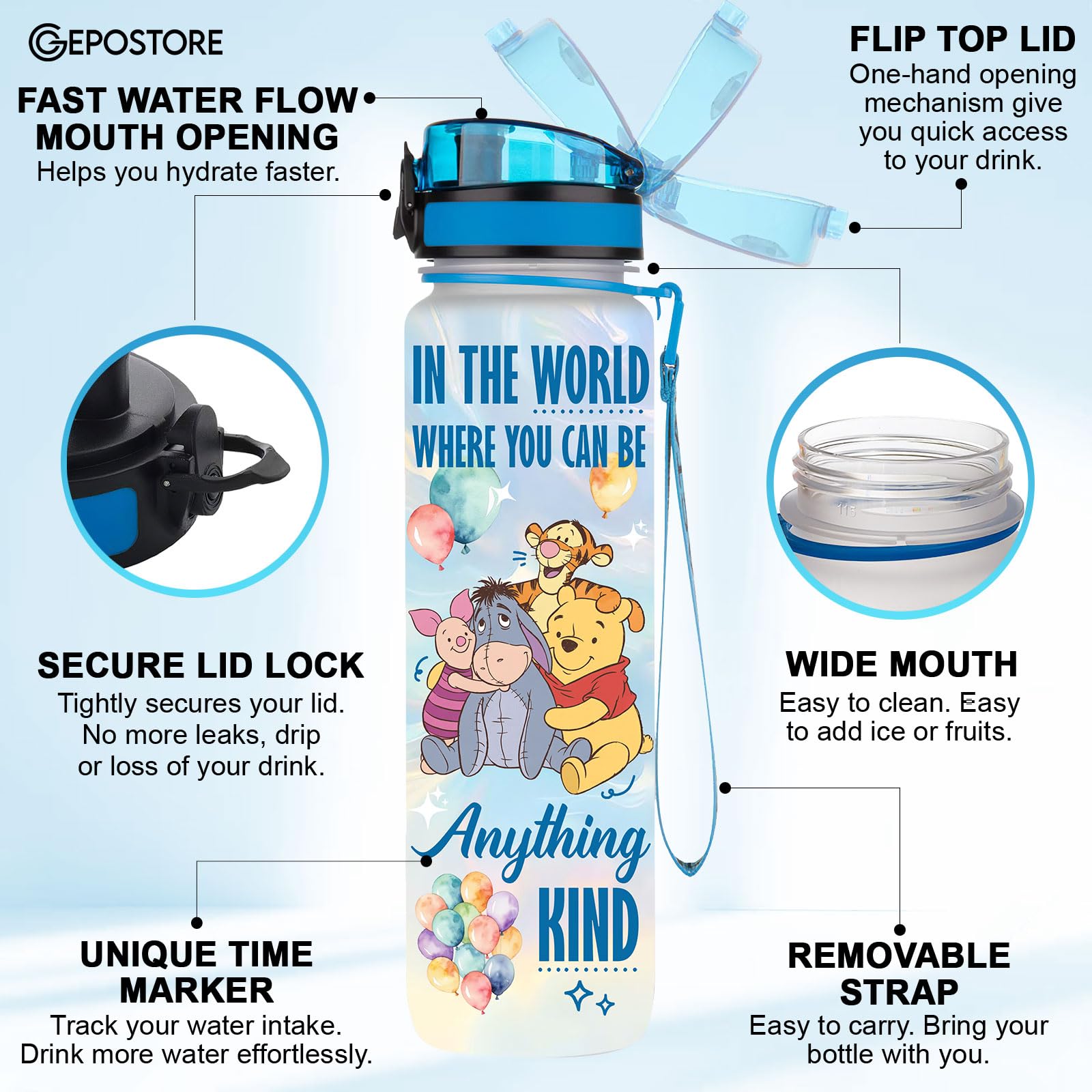 GEPOSTORE 32oz Water Bottle with Time Marker - Cute Cartoon Motivational Water Tracker Bottle for Kids Girls Women - BPA-Free Le
