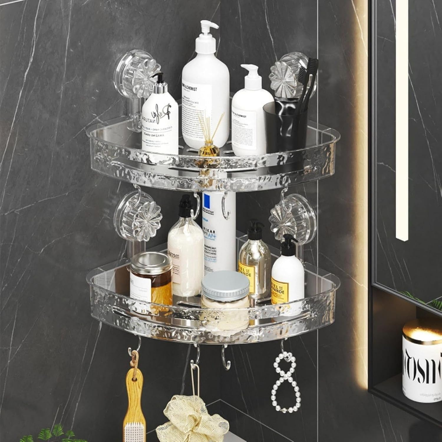Homvera Suction Cup Bathroom Corner Shelf With Hooks, Wall Mounted Shower Storage Rack For Tile Glass Marble Metal Surfaces, Tra