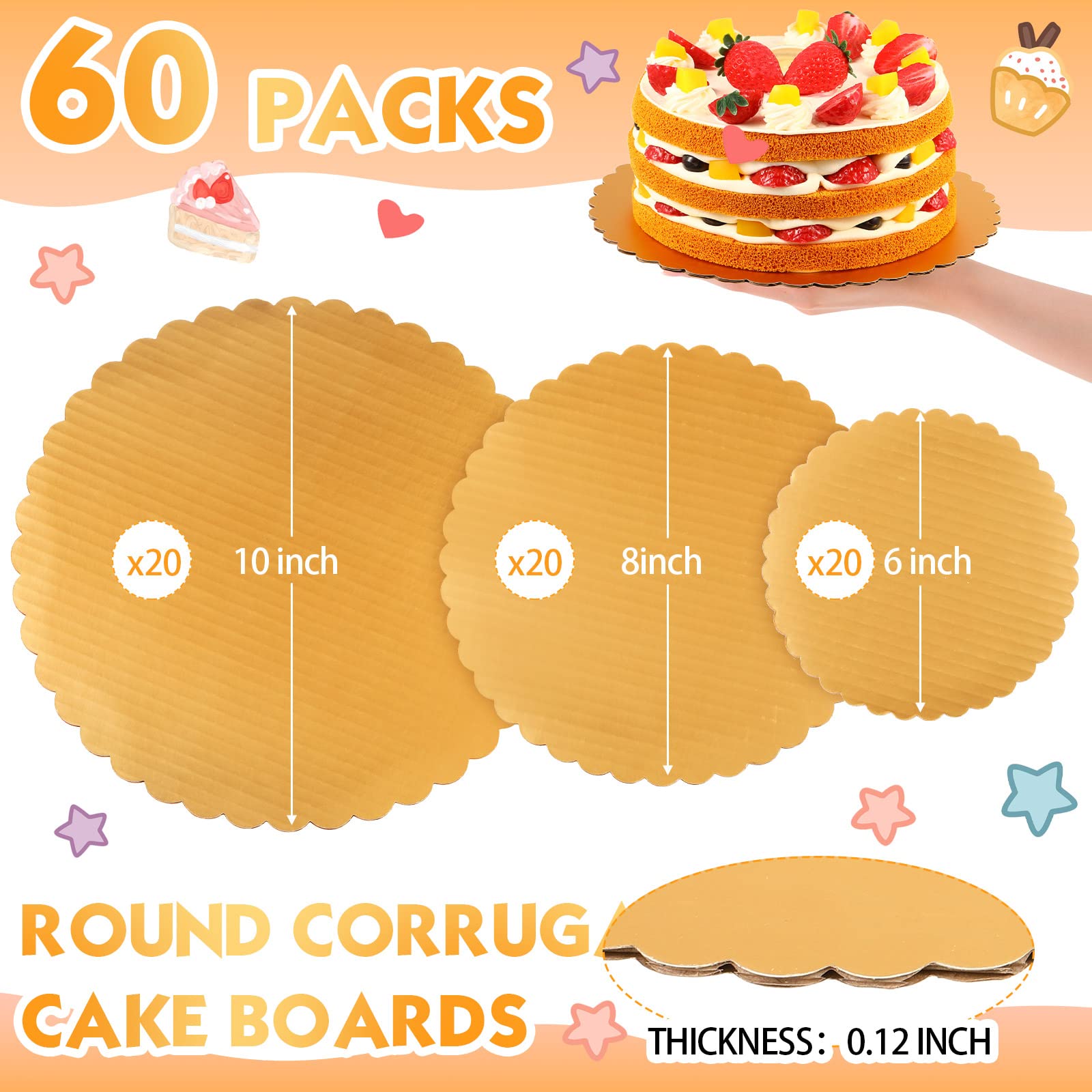 Eaasty 60 Packs Gold Cakeboard Rounds Cake Circles Base Boards Disposable Cake Plates, Coated Corrugated Cake Tray Scalloped Bas