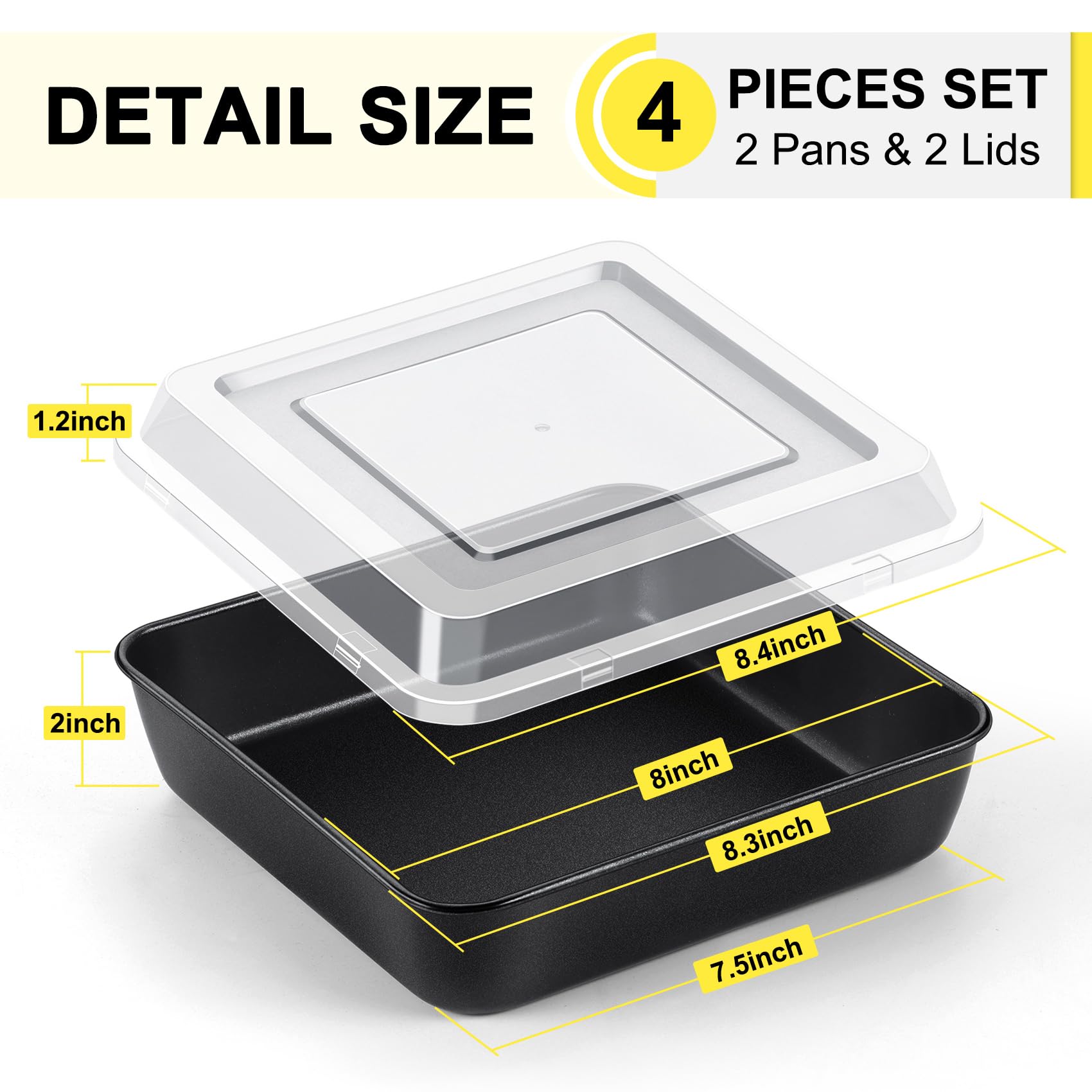P&P Chef Square Baking Pan With Lid Set, 8 Inch Non-Stick Square Cake Pans For Oven Cooking Brownie Lasagna, Stainless Steel Cor
