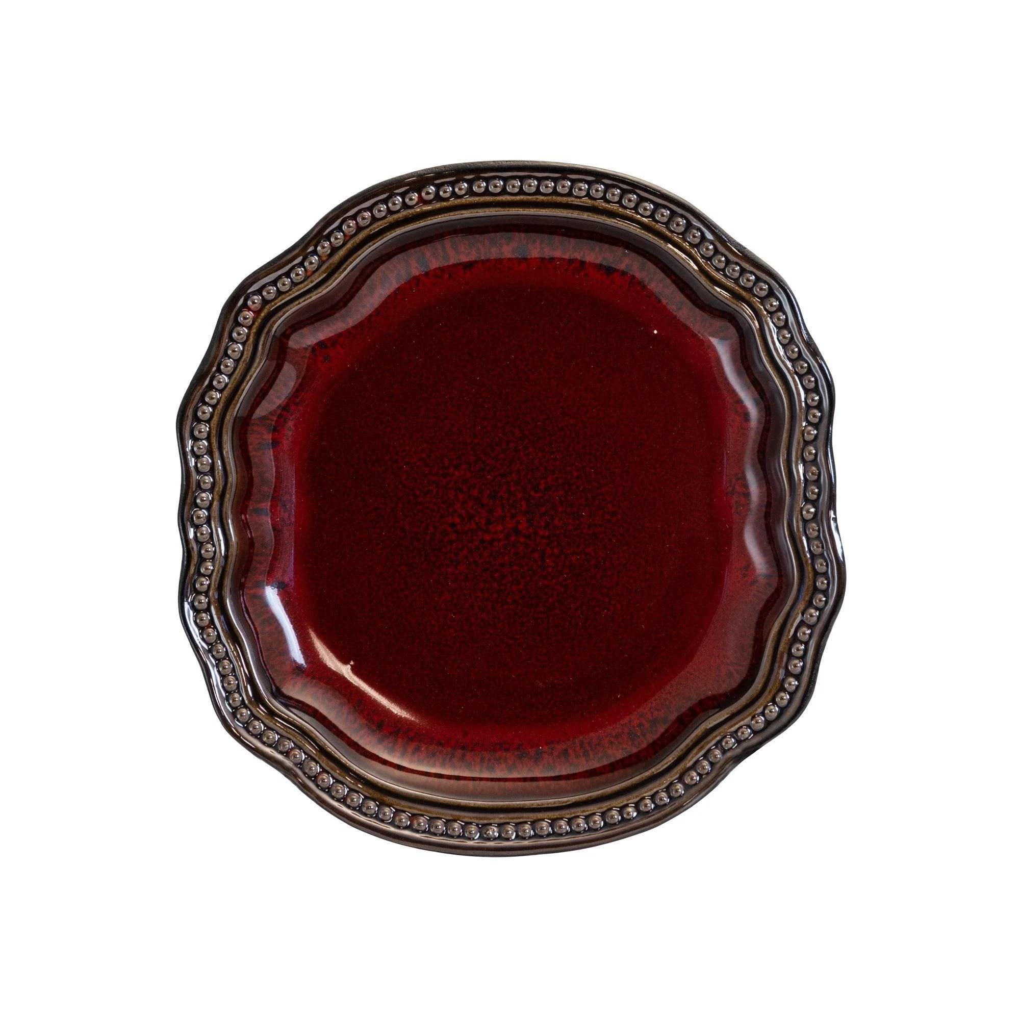 Elama Stoneware Round Oval Dinnerware Dish Set - Dark Red, 4-Piece Stoneware Dishes