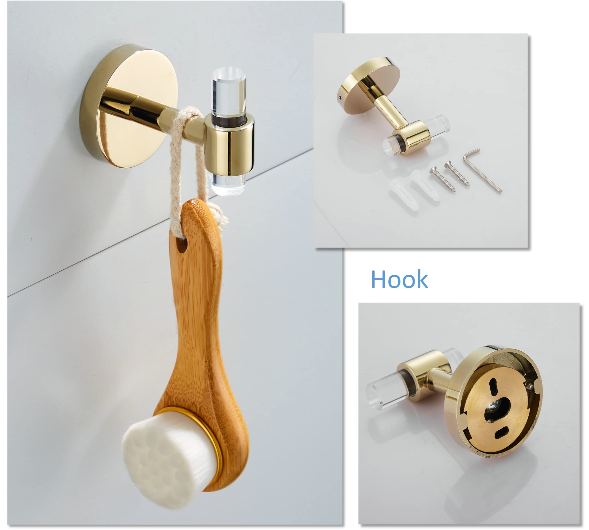 Bathroom Accessories Set Acrylic Gold - Towel Bar Rack Toilet Paper Holder Towel Hook - Wall Mounted Bathroom Hardware Set 3 Pie