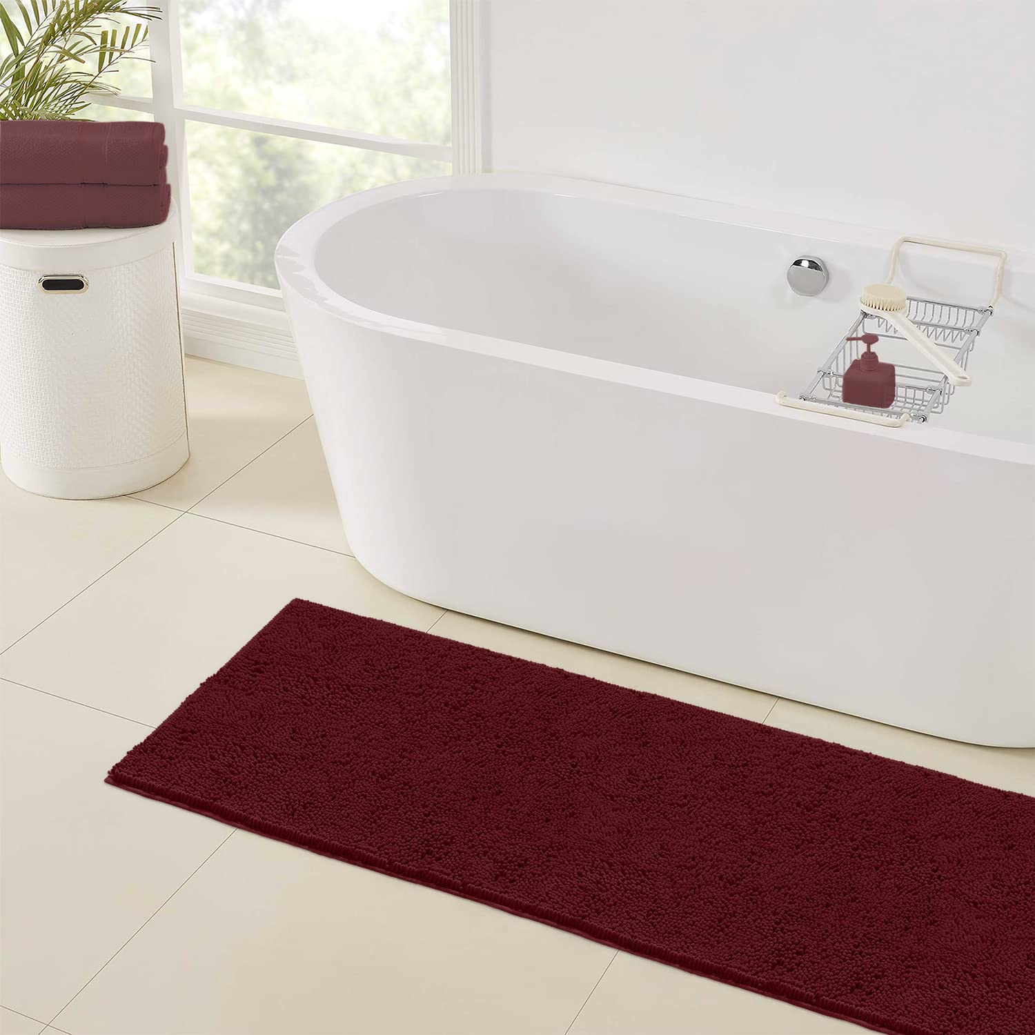 LuxUrux Plush Bath Mat: 1'' Chenille Microfiber  Super Absorbent Shaggy Rug (21x59  Burgundy) - Machine Wash & Dry Style