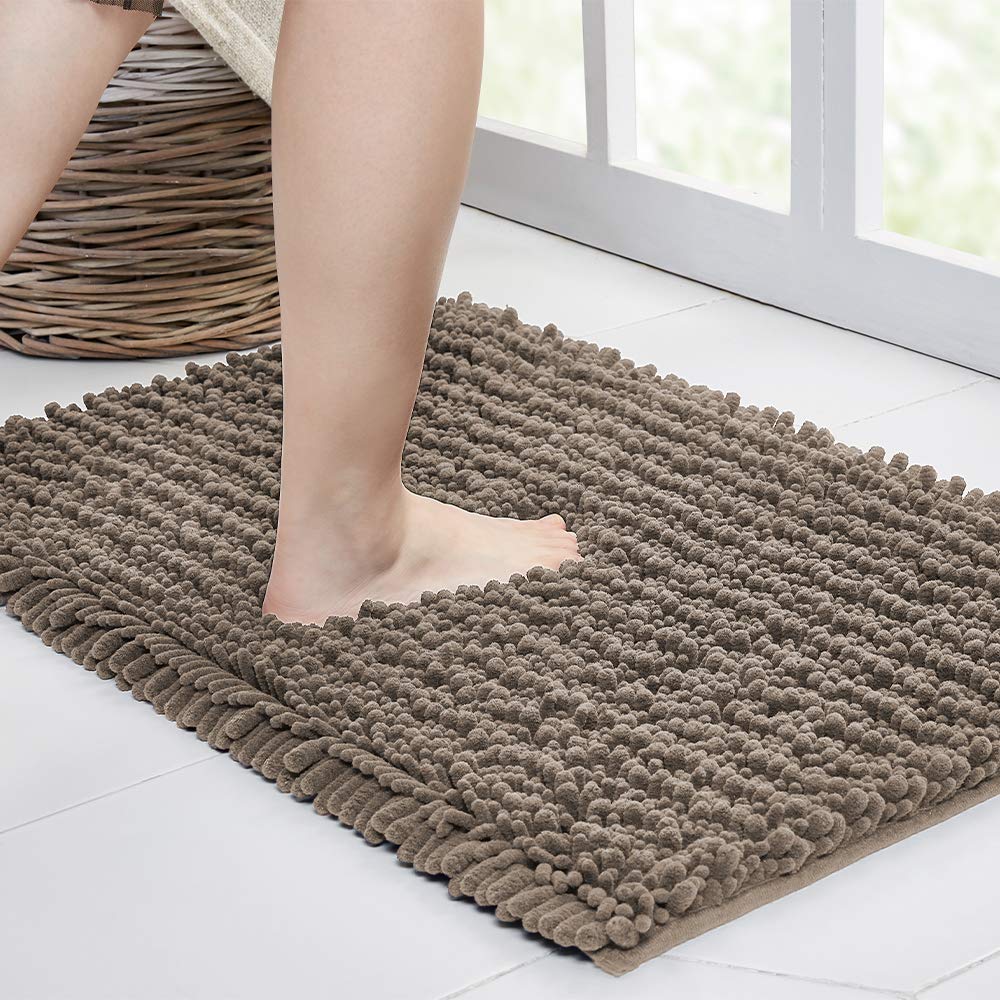 Walensee Bathroom Rug Non Slip Bath Mat (24X17 Inch Taupe) Water Absorbent Super Soft Shaggy Chenille Machine Washable Dry Extra