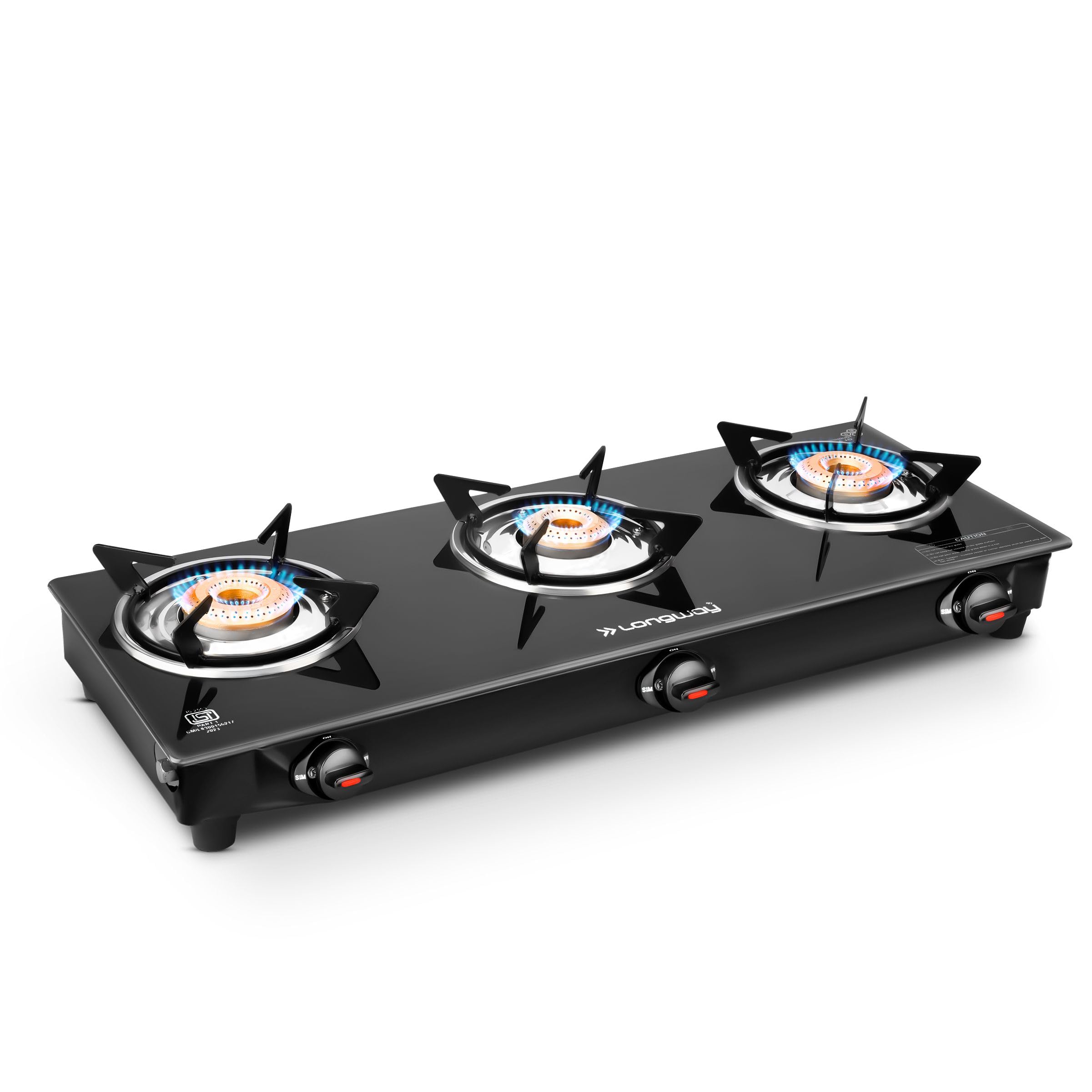 Longway Furn Glass Top, 3 Burner Manual Ignition Glass Gas Stove (Black, Isi Certified, 2 Year Warranty)