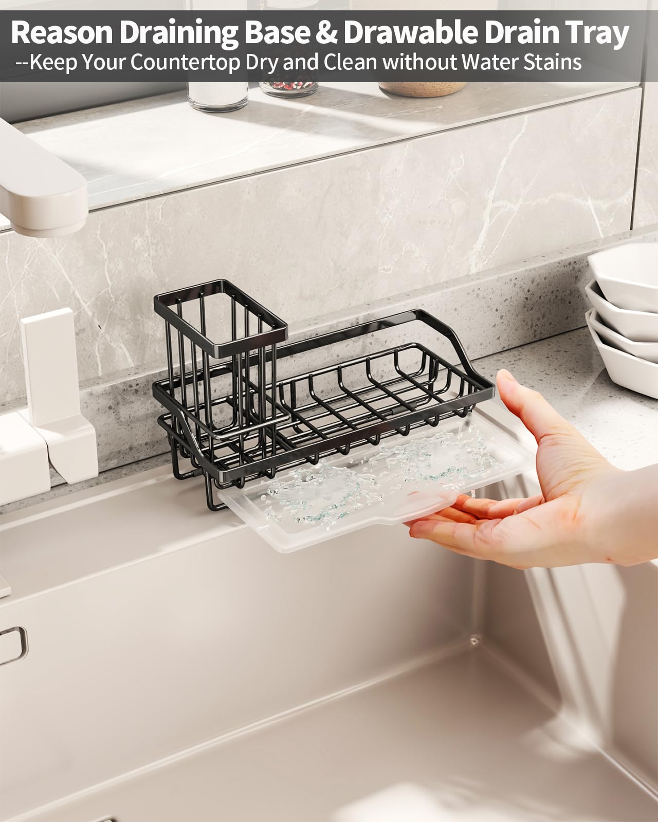 Swtymiki Sink Caddy Sponge Holder - Kitchen Sink Organizer With High Brush Holder For Countertop By The Sink Holding Dish Soaps