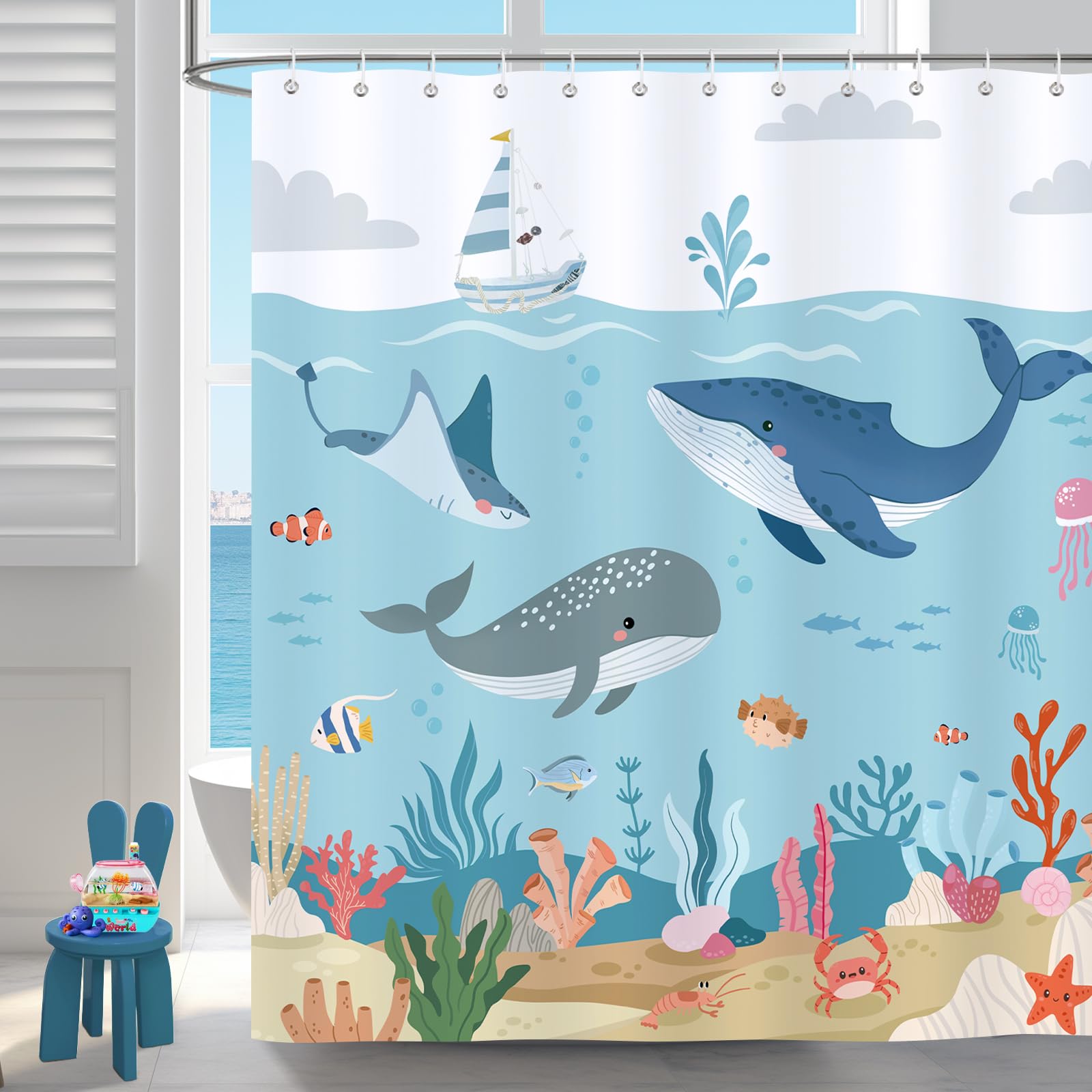 Bonhause Blue Ocean Whale Shower Curtain For Kids Bathroom Under The Sea Sealife Decorative Bath Curtain 72 X 72 Inch Polyester 