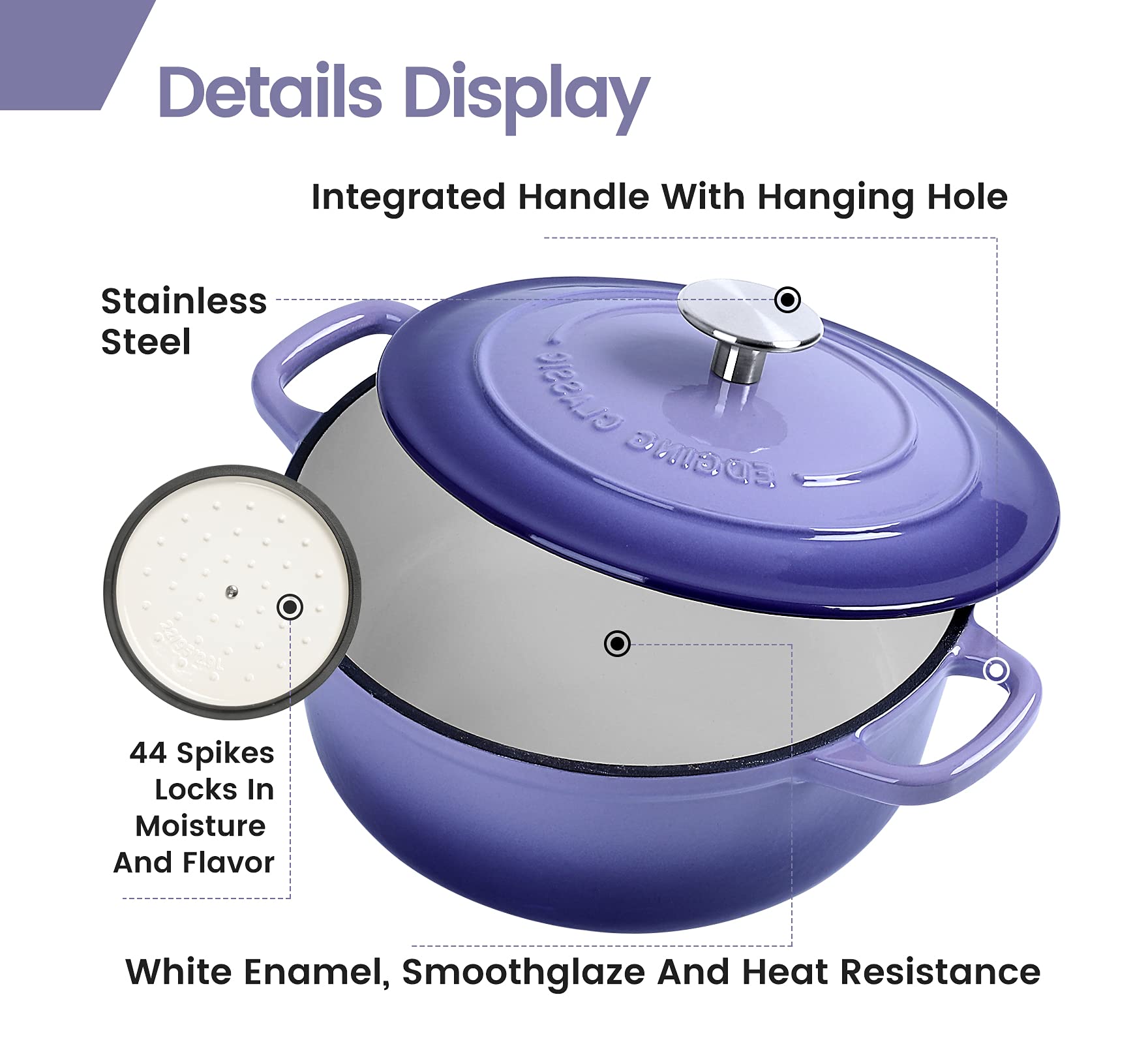 Edging Casting Enameled Cast Iron Covered 5.5 Quart Dutch Oven With Dual Handle, Purple