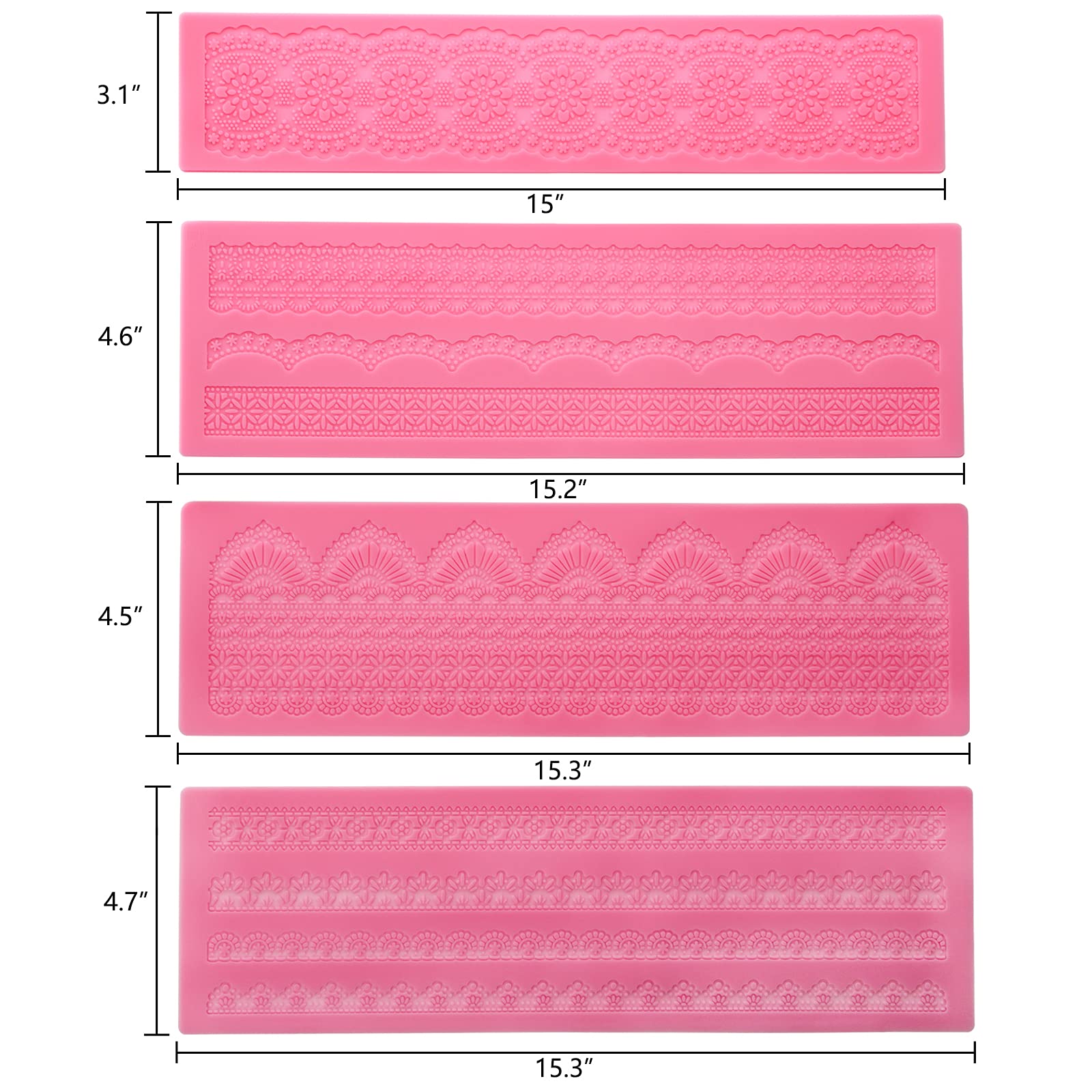 Hedume Set Of 4 Sugar Edible Cake Silicone Fondant Impression Lace Mat, 15.5'' Large Silicone Lace Mold, Fondant Lace Molds, Flo