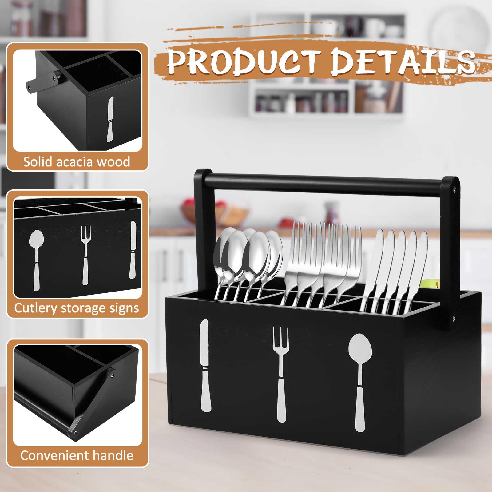 Geetery Acacia Utensil Caddy Silverware Caddy With Handle Wooden Multipurpose Countertop Flatware Napkin Caddy Utensil Organizer