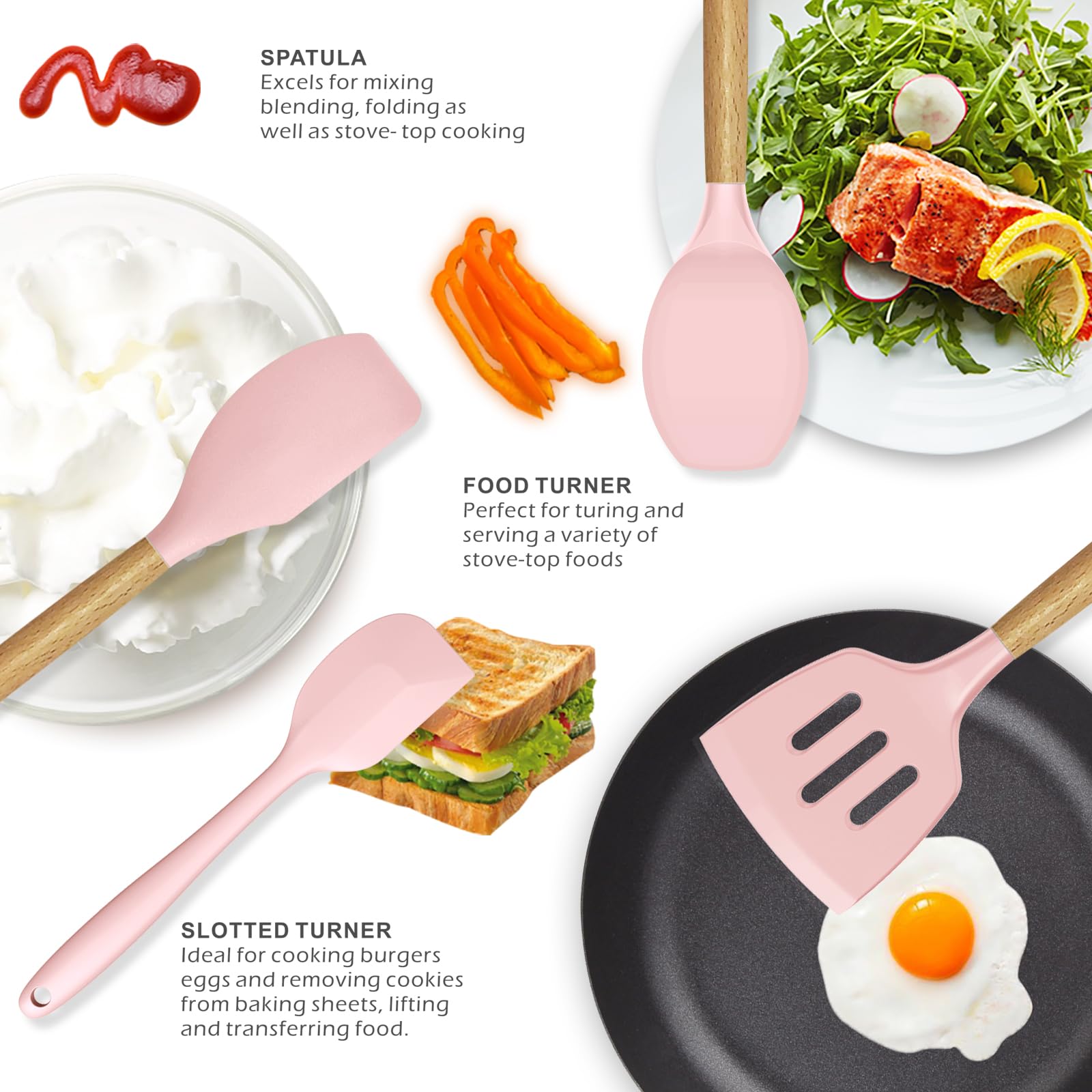Silicone Kitchen Utensils Set - 446F Heat Resistant Cooking Utensil Sets, Spatula,Turner,Tongs,Spoon,Brush,Whisk, Wooden Handle