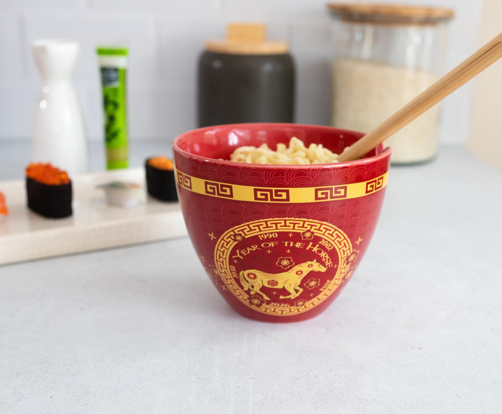Boom Trendz Year Of The Horse Chinese Zodiac Ceramic Dinnerware Set | Includes 16-Ounce Ramen Noodle Bowl And Wooden Chopsticks