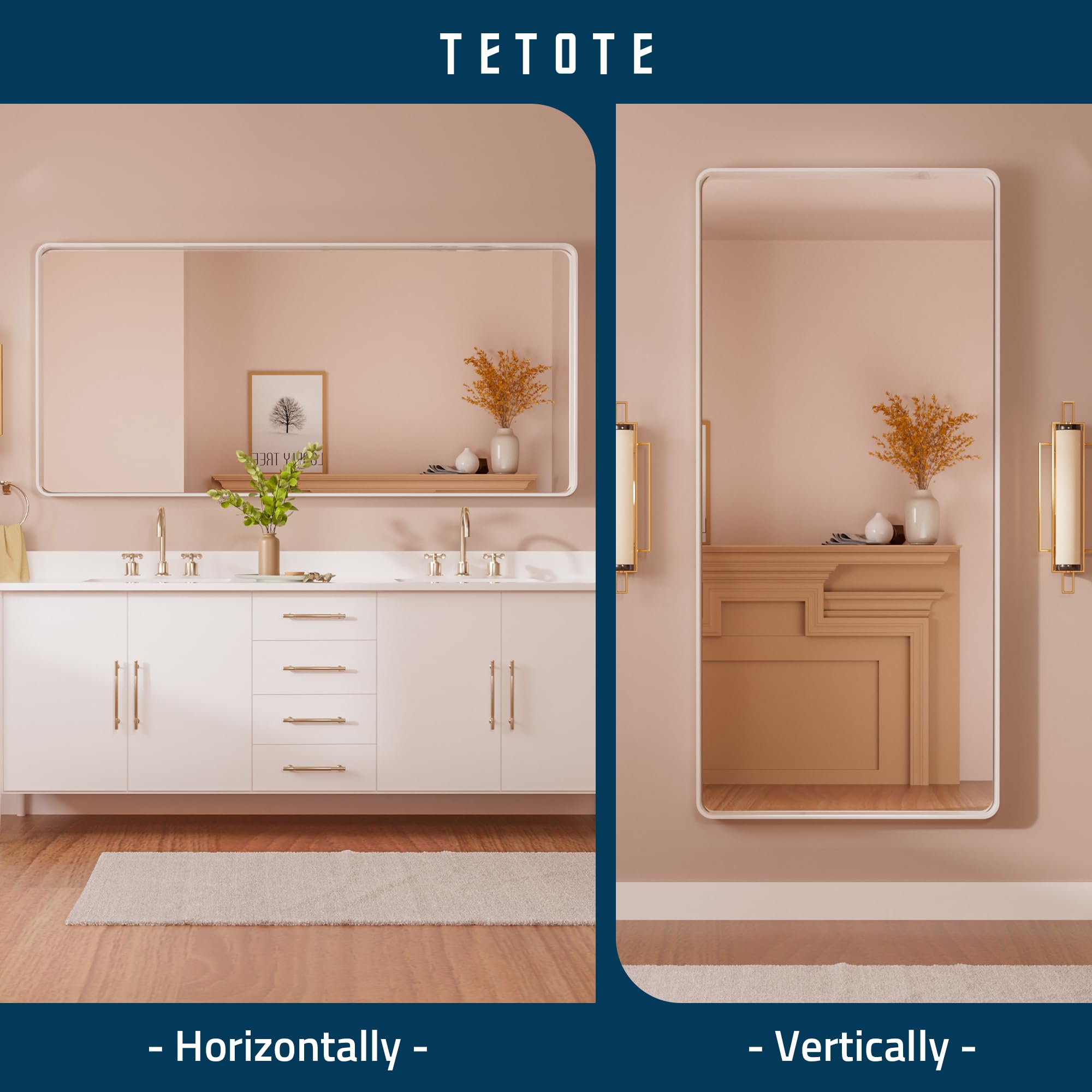 Tetote 60 X 28 Inch White Framed Bathroom Mirror, Modern Metal Frame Rectangle Modern Farmhouse Wall Mounted Vanity Mirror With