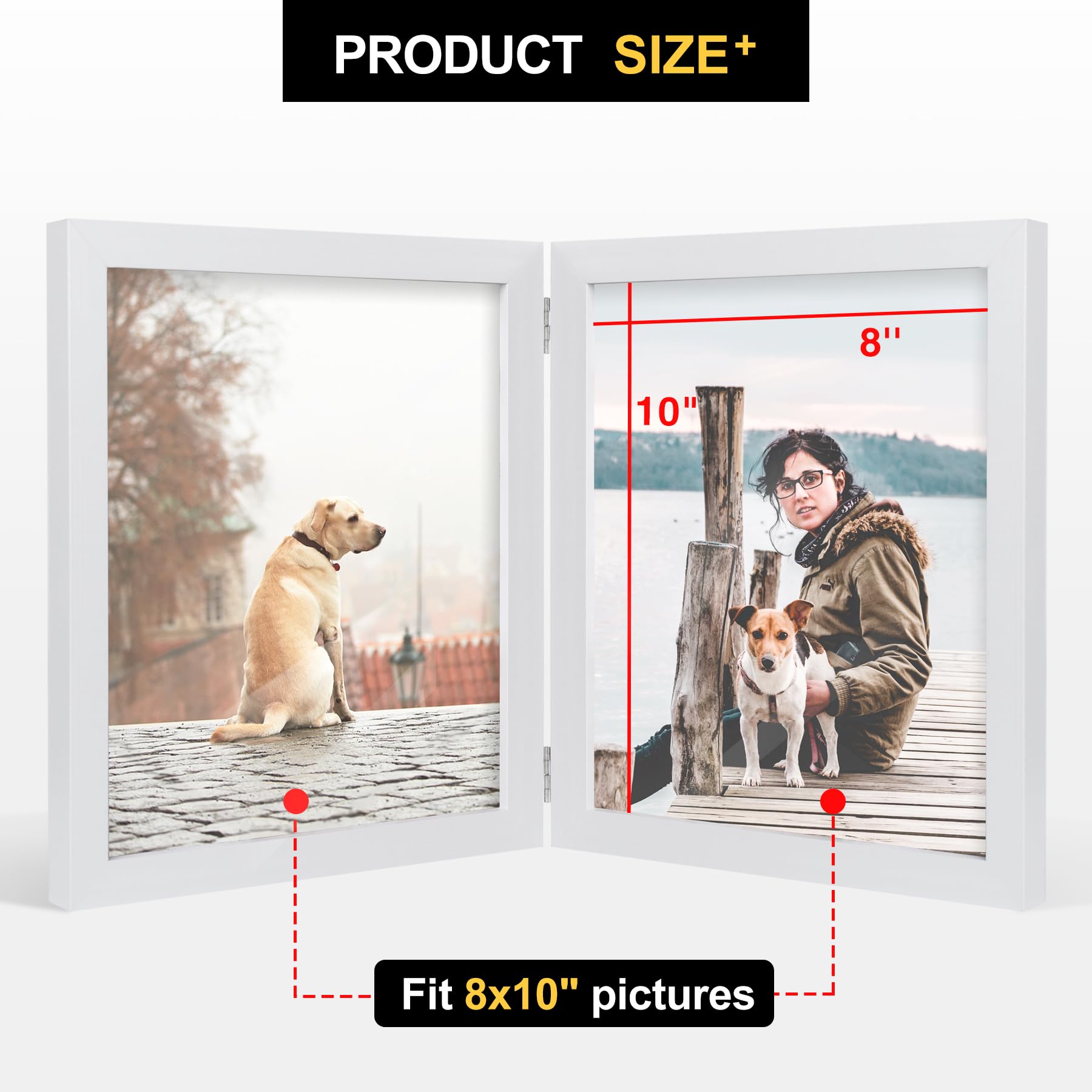 8x10 Double Picture Frame Wooden Hinged Photo Frame Definition Glass Stand Vertically on Desktop or Tabletop White