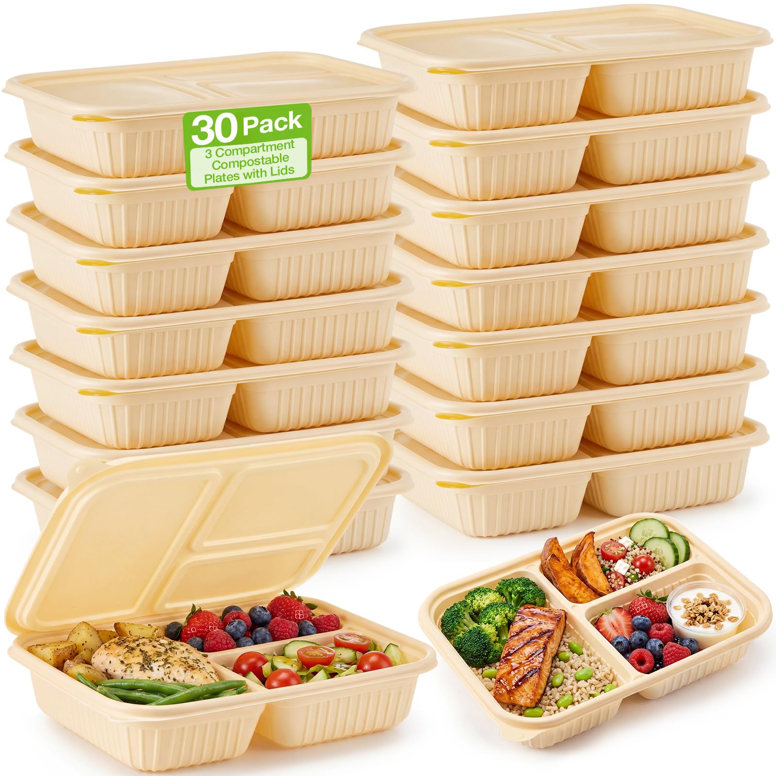 30 Pack(60pcs) Compostable 3 Compartment Plates with Lids Compostable Meal Prep Containers Back to School Lunch Bento Box Divide