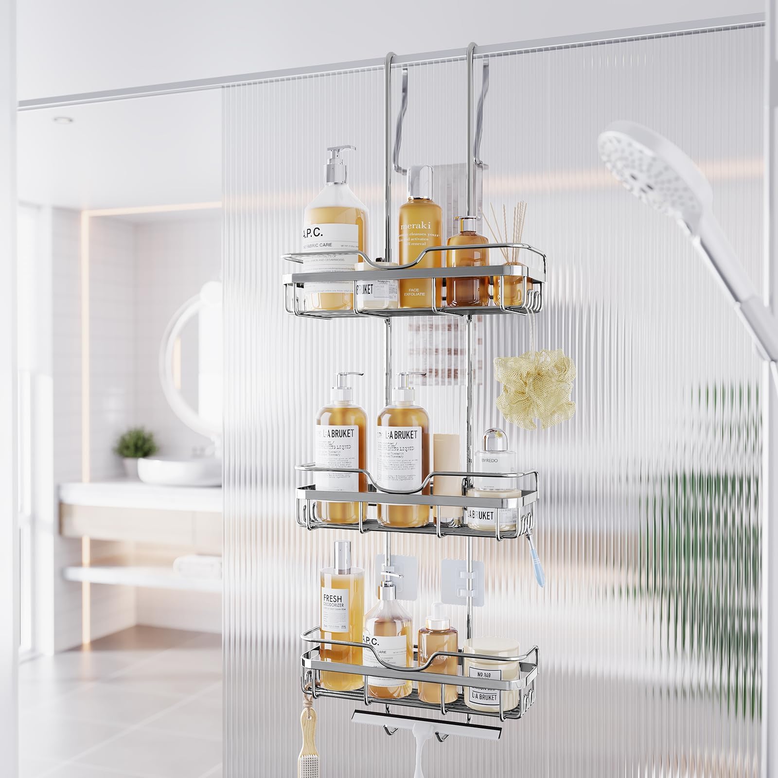 Shower Caddy Over the Door Organizer: Bath Rack Hanging Over Glass with Hooks - Storage Shelf Inside Bathroom for Shampoo - Sliv