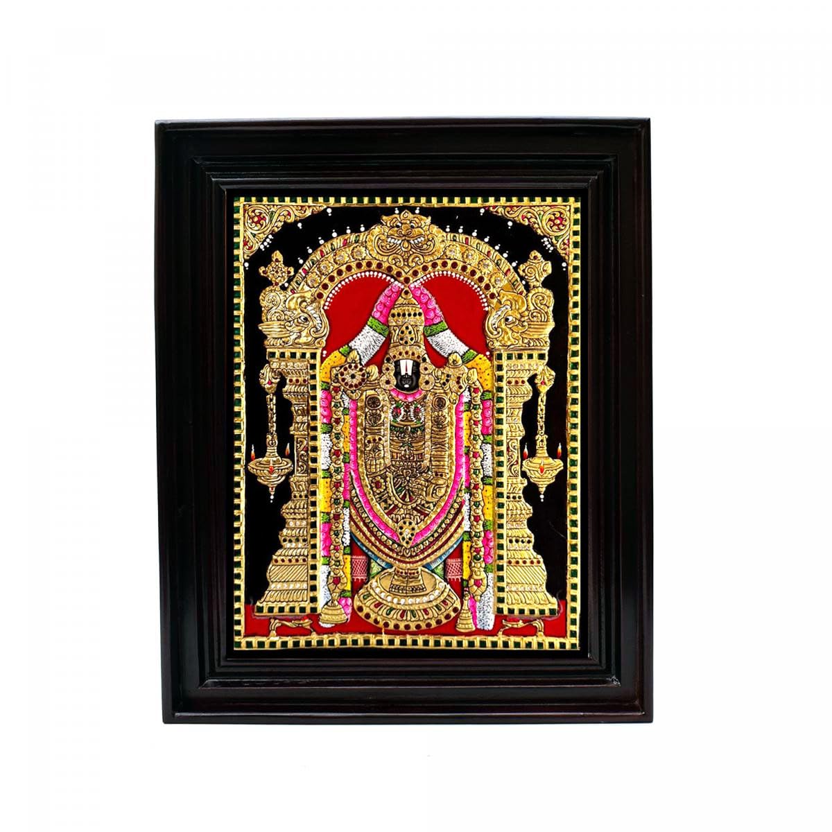 Tarang Arts Lord Balaji Tanjore Paintings With Chettinad Wood Classic Frame, 22Carat Gold Foil & Jaipur Stones Handwork Painting