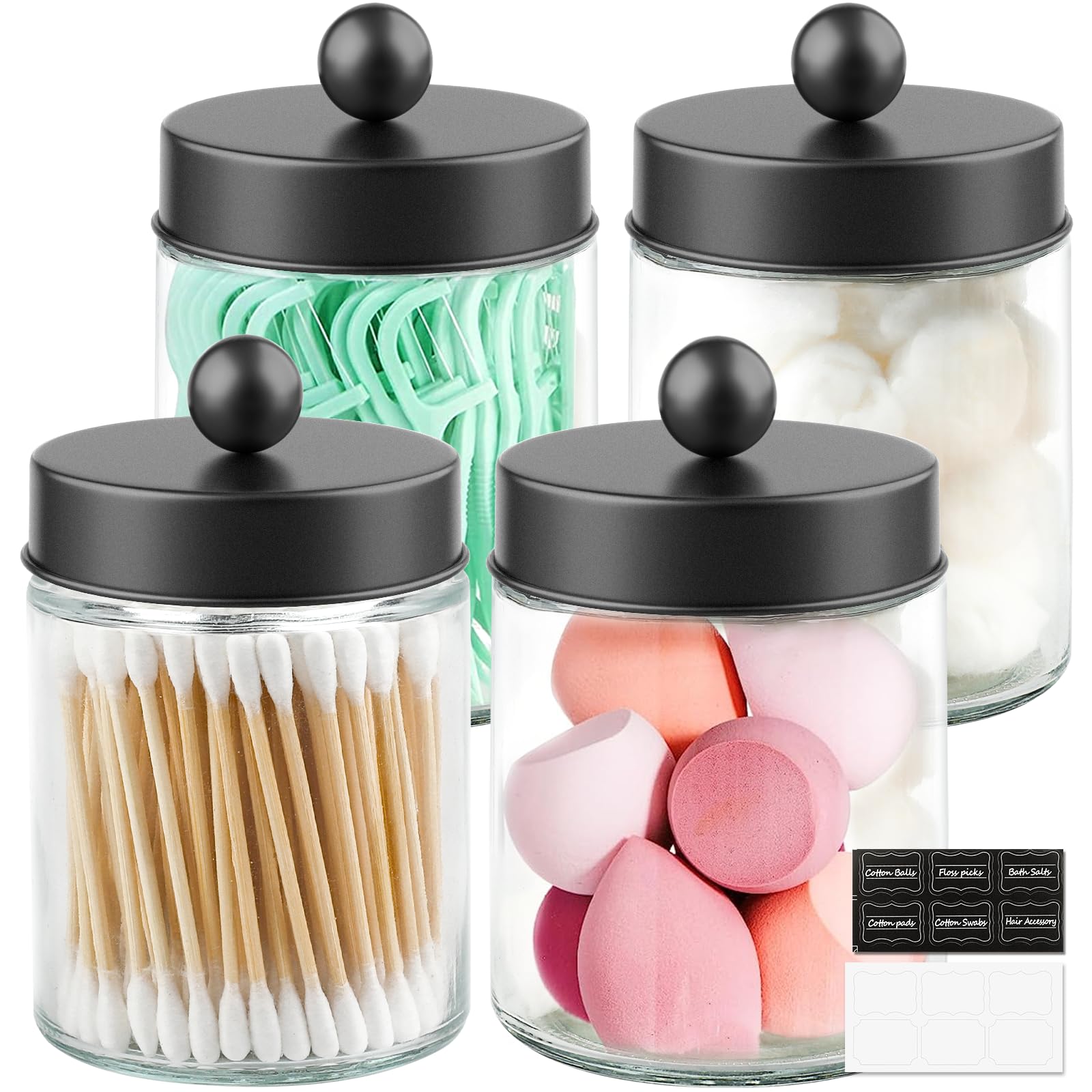 Goramio 4 Pack Glass Apothecary Jars With Lids For Bathroom, Cute Qtip Holder, Black Bathroom Accessories Set, Small Bathroom Ca