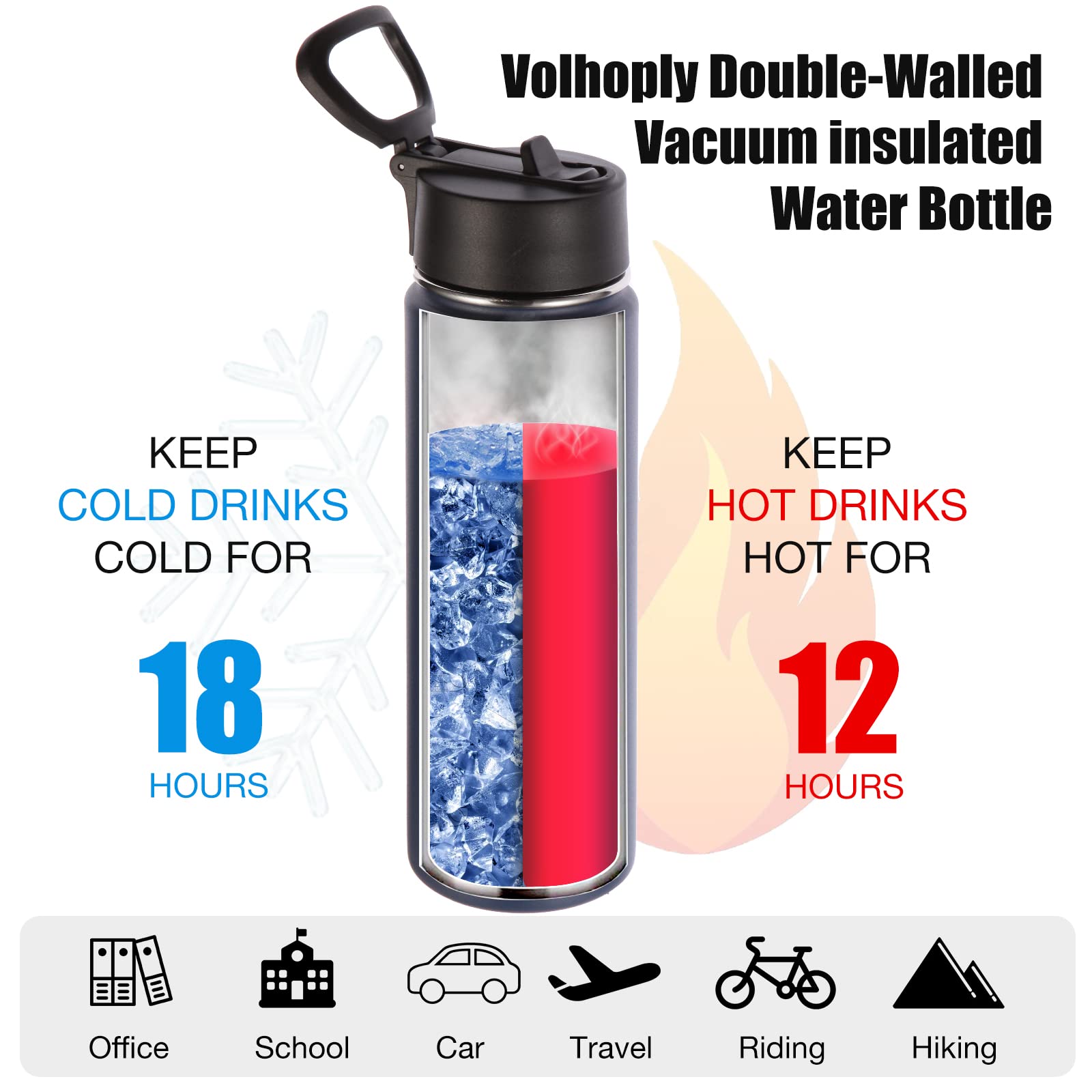 Volhoply Insulated Water Bottles With Straw Bulk 8 Pack, 22 Oz Stainless Steel Sports Bottle With Handle Lid,Double Walled Metal