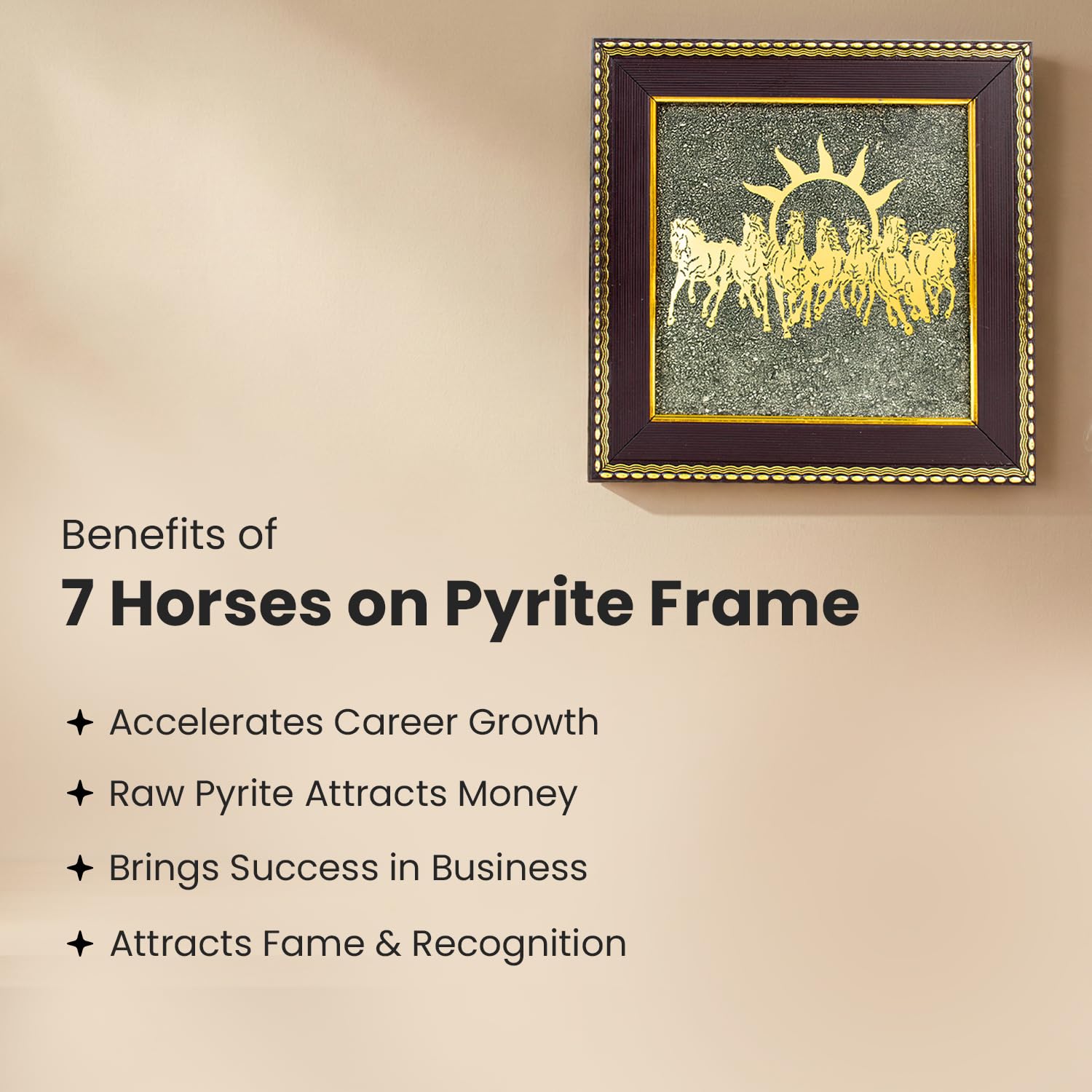 Astrotalk 7 Horses on Raw Pyrite Frame | Seven Horses Wall Decor Pyrite Stone Frame for Success & Fame | Vastu Items for Money Attraction | Wall Decor | Ideal Gift | 19x19x1 cm | 1 Piece