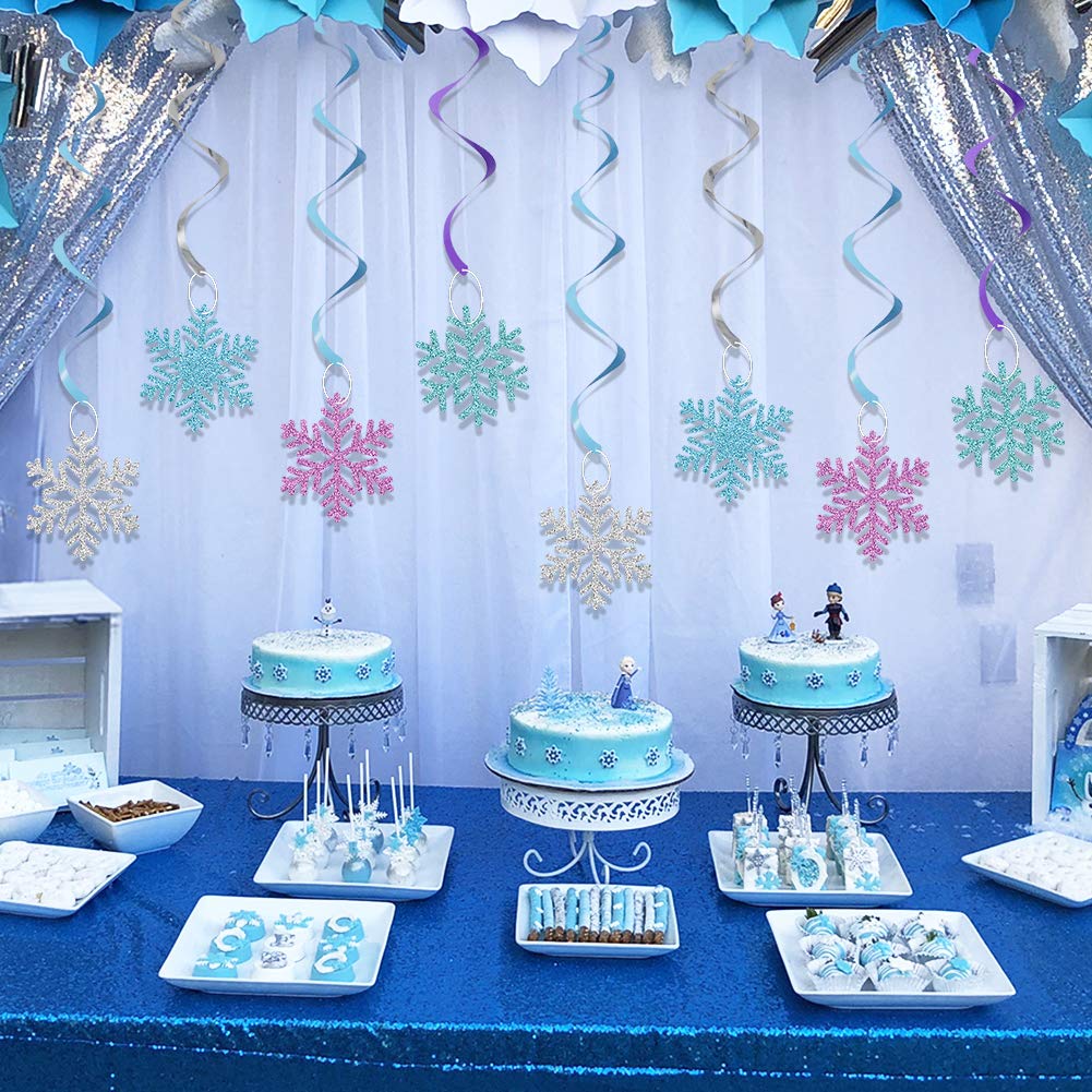 20Pcs Winter Snowflake Hanging Swirls Decorations, Winter Hanging Ceiling Streamers Purple Blue White Frozen Snowflakes Garland
