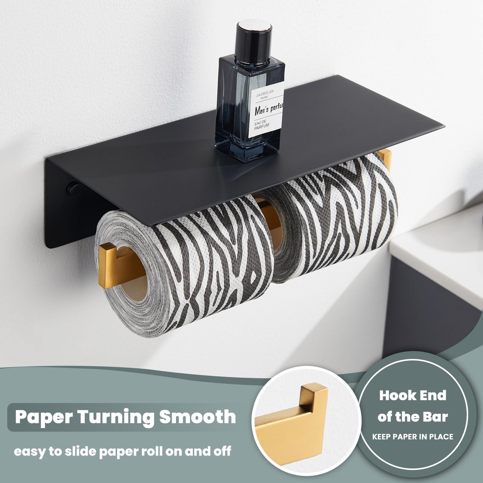 Black & Gold Toilet Paper Holder With Shelf, Suyar 304 Stainless Steel Double Toilet Tissue Roll Holder With Phone Storage Shelf